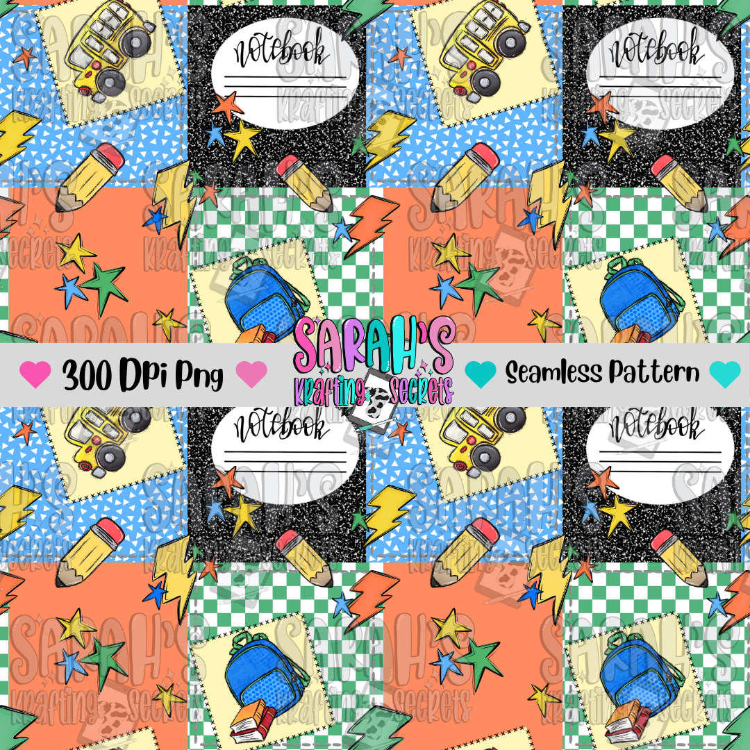 Boy School Patchwork Seamless Pattern PNG File for scrapbooking and fabric