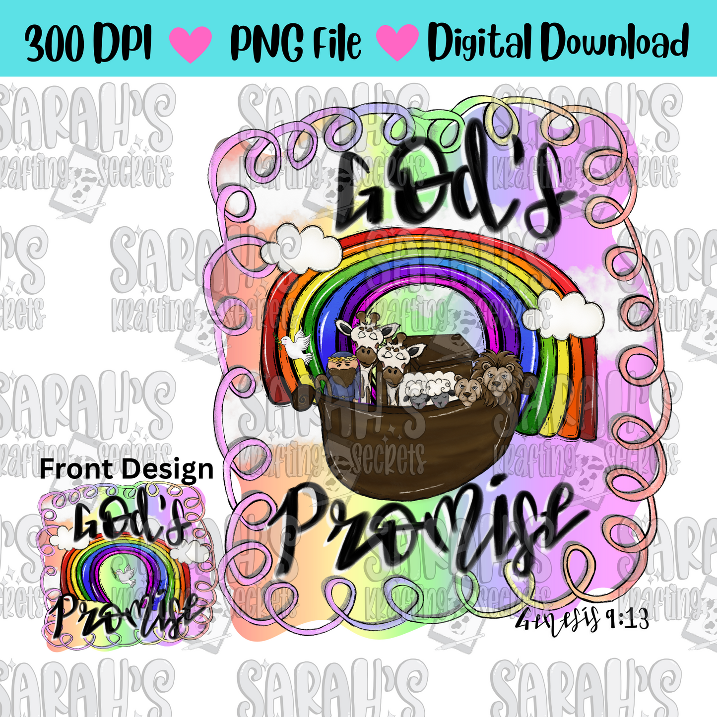 Hand Drawn God's Promise PNG - Kids Rainbow Sublimation File -Digital Download - Christian Art - Noah's Ark Printable Art - Bible Verse png