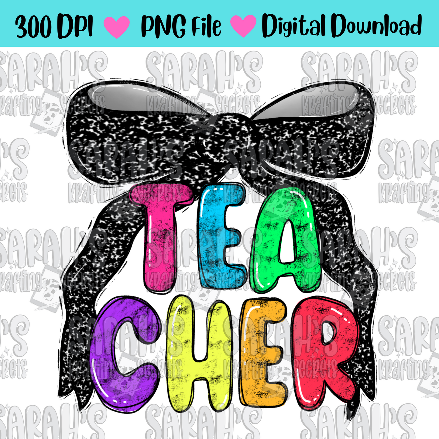 Coquette Bow teacher in bright colors and handwritten lettering sublimation png file