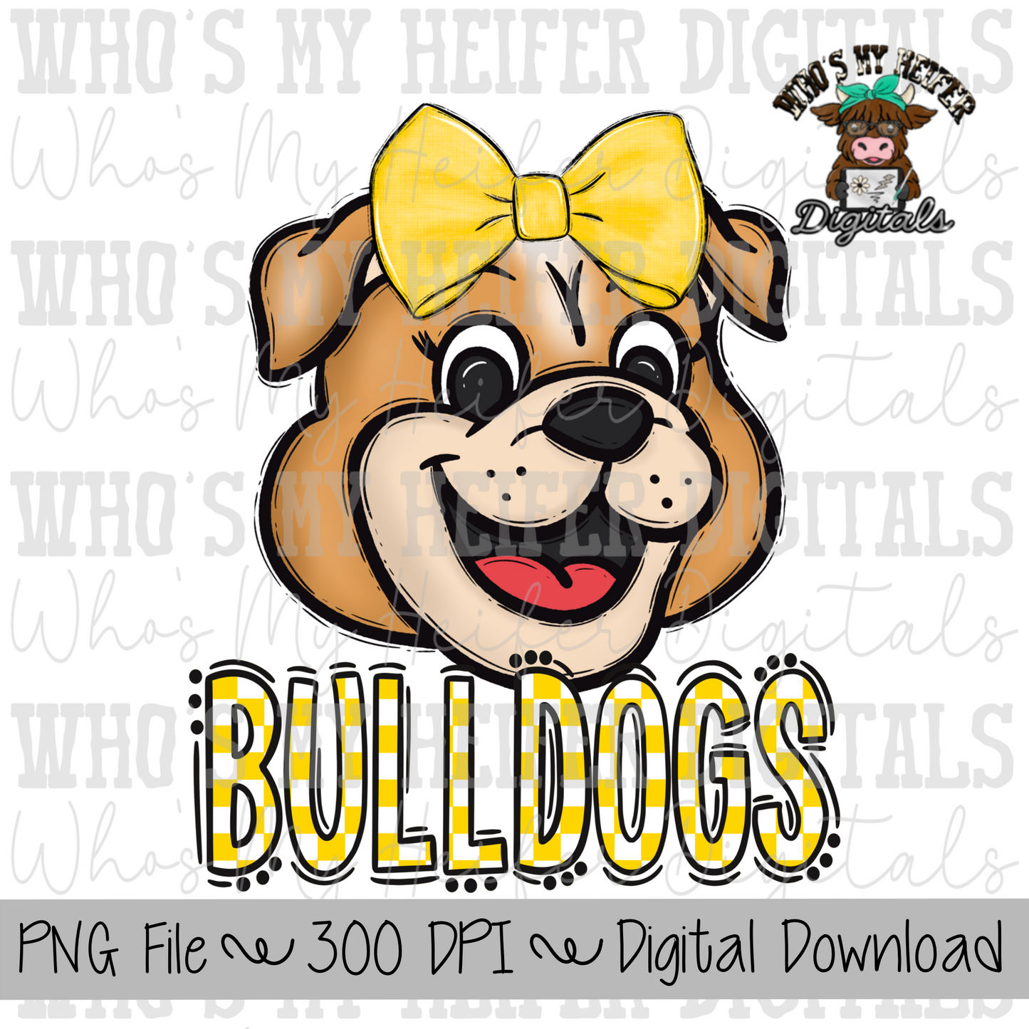 Yellow & White Bulldogs PNG Hand Drawn Bulldog with Bow Sublimation PNG Game Day Shirt Design School Spirit PNG Checkered Bulldog Doodle Art