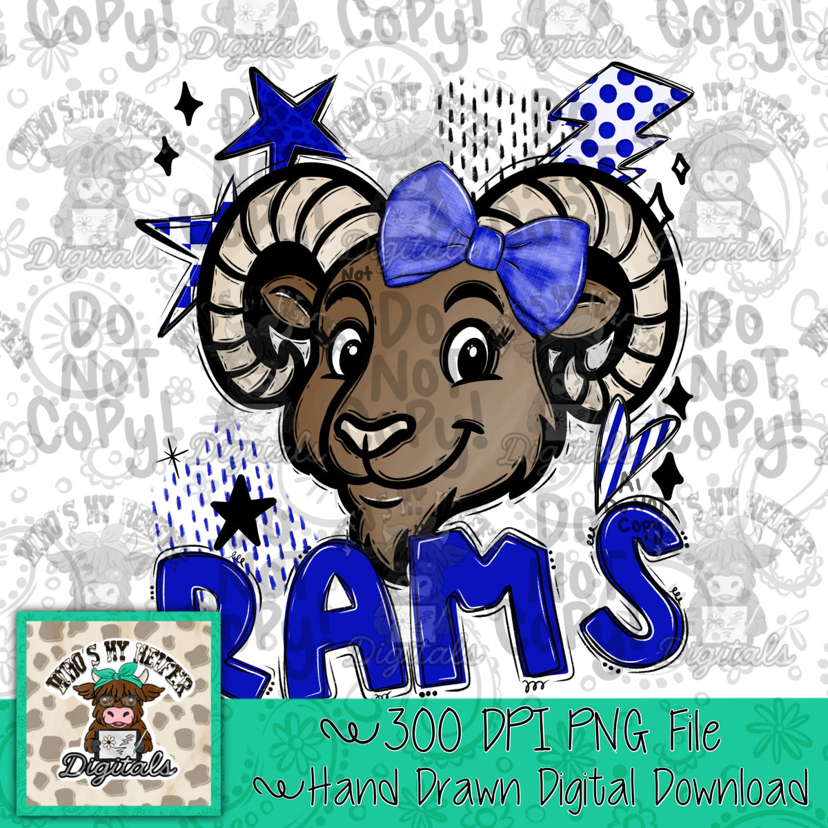 Blue & White Rams PNG Hand Drawn Ram with Bow Sublimation PNG Game Day Shirt Designs School Spirit PNG Retro Kid Mascot Digital Download (Copy)