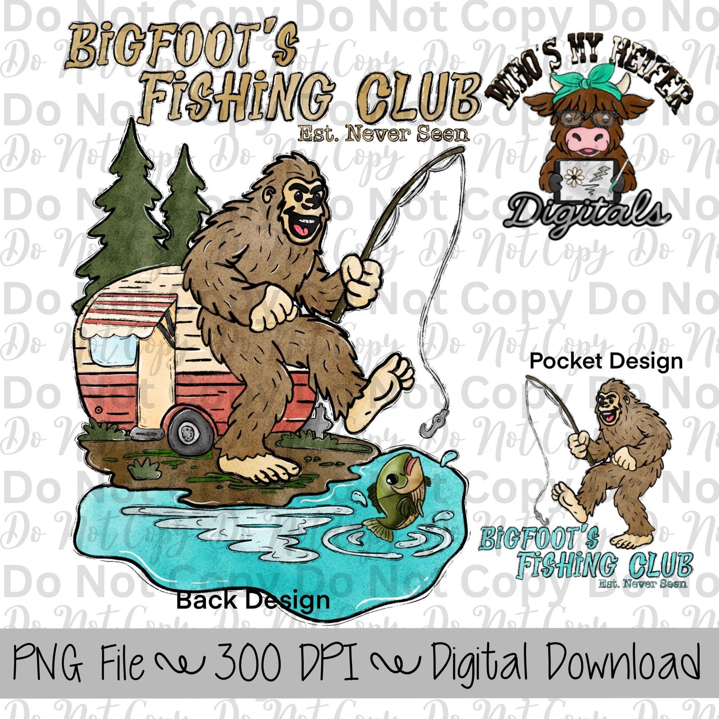 Bigfoot's Fishing Club PNG Hand Drawn Bigfoot Sublimation Design Funny Camping Shirt Designs for Men RV PNG File Bass Fishing Clipart