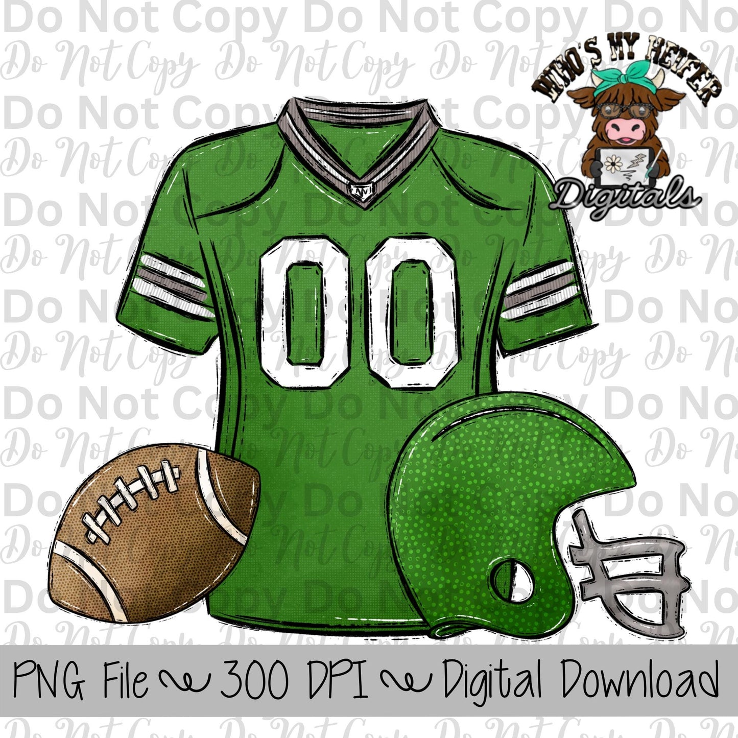 Green and White Football Trio PNG Hand Drawn Football, Jersey, & Helmet Sublimation Design Boy Game Day Shirt Design Football Gear Clipart