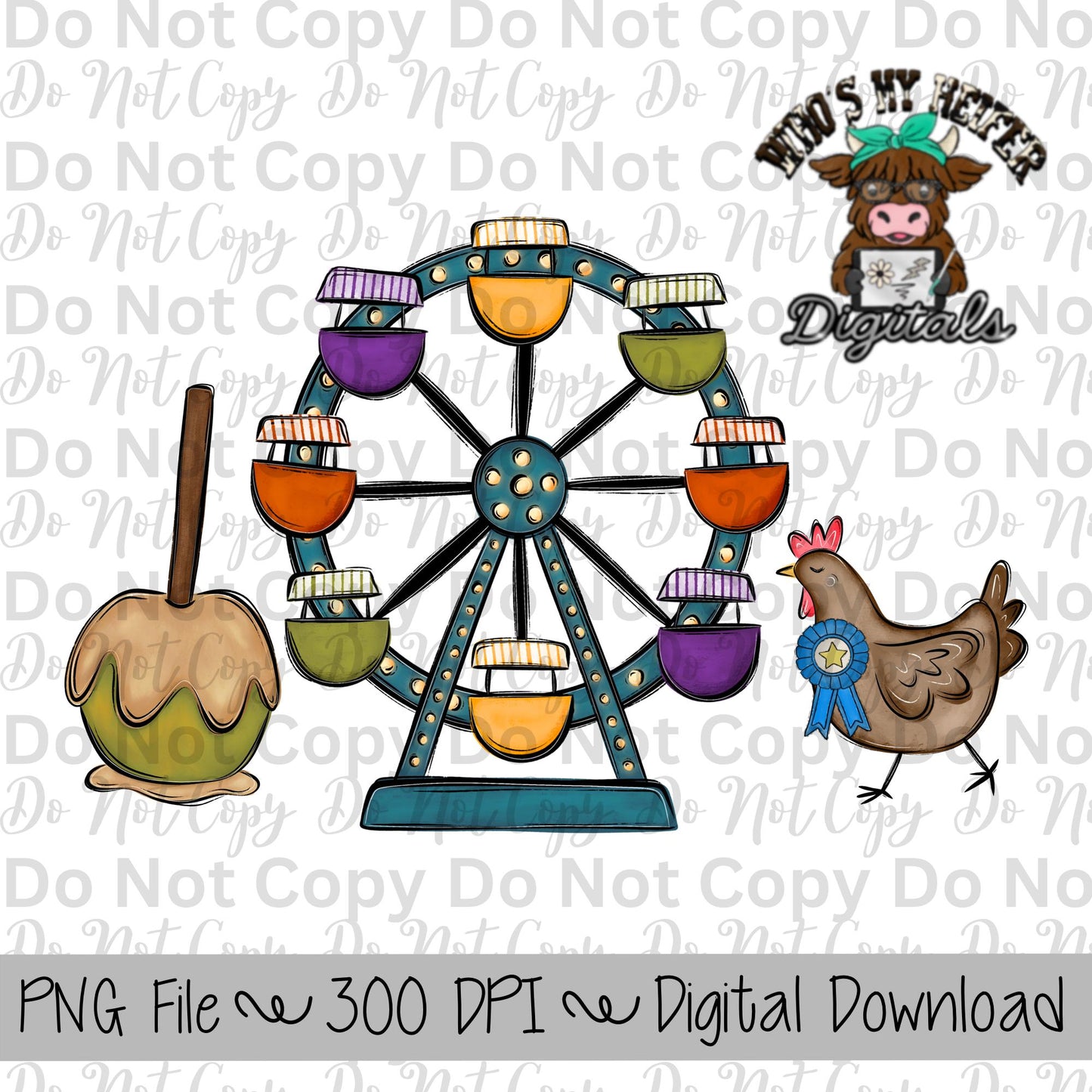 Caramel Apple Ferris Wheel Chicken Sublimation Design Hand Drawn Carnival Sublimation Shirt Design State Fair PNG File Livestock Fair PNG