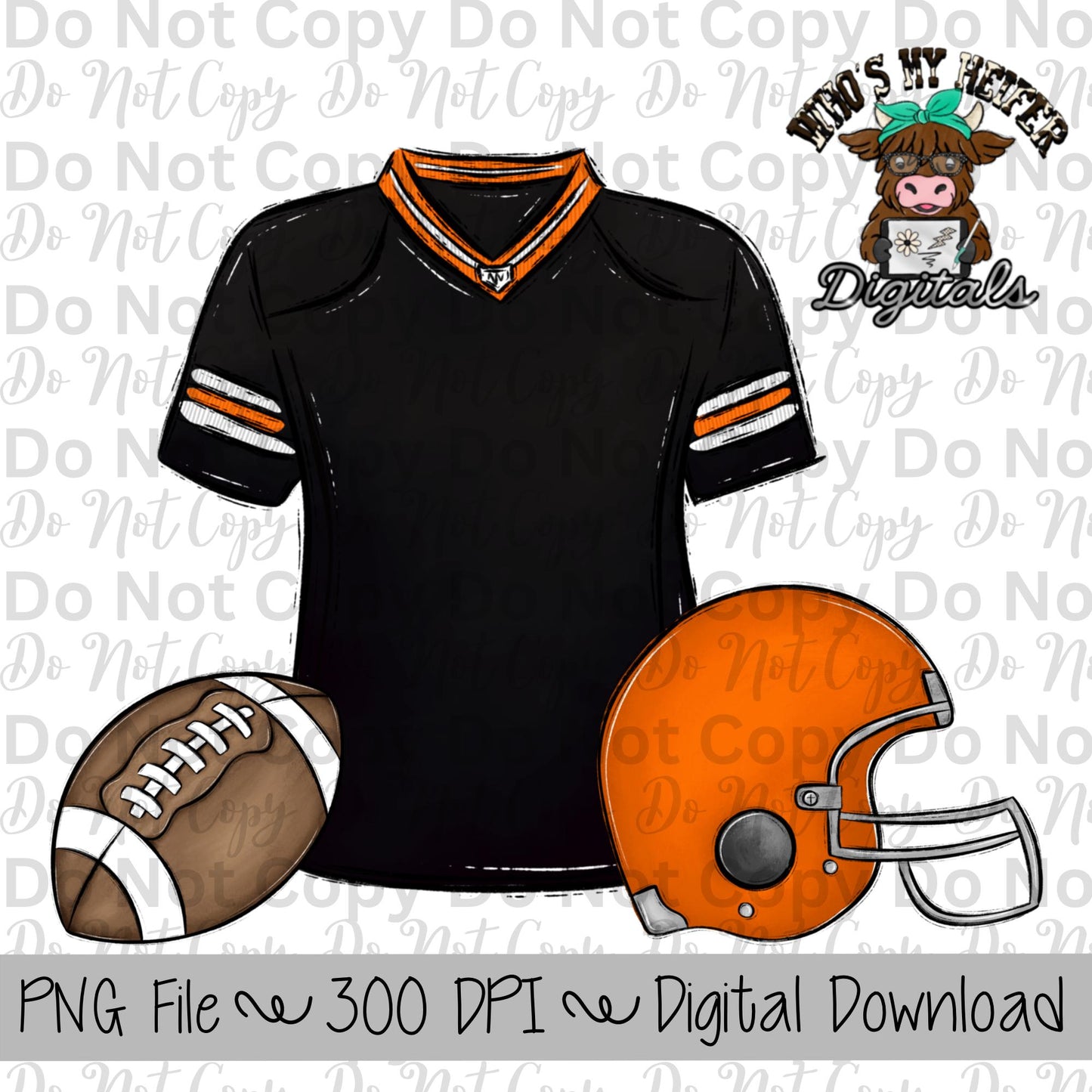 Black and Orange Football Trio PNG Hand Drawn Football, Jersey, & Helmet Sublimation Design Boy Game Day Shirt Design Football Gear Clipart