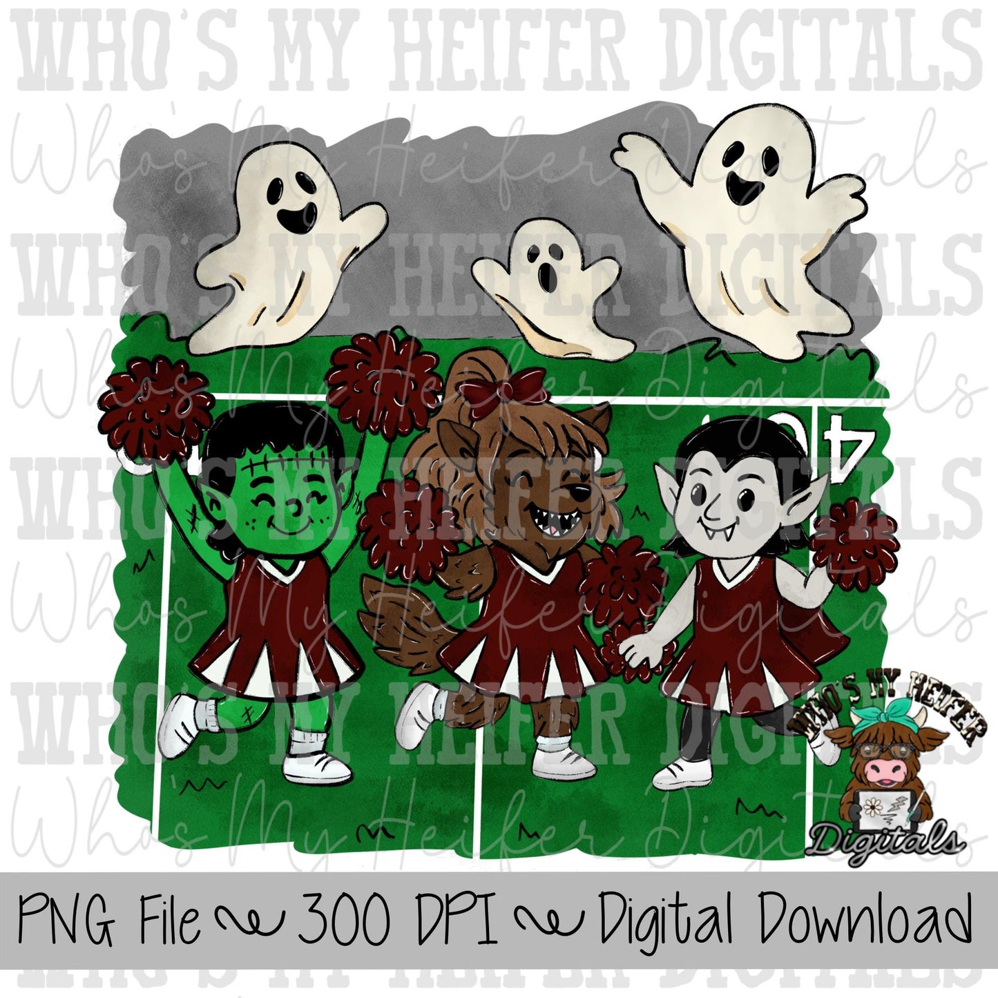 Monster Cheerleader PNG Hand Drawn Halloween Cheer Sublimation Design Girl Halloween Shirt Designs Game Day Digital Download Ghost Clipart