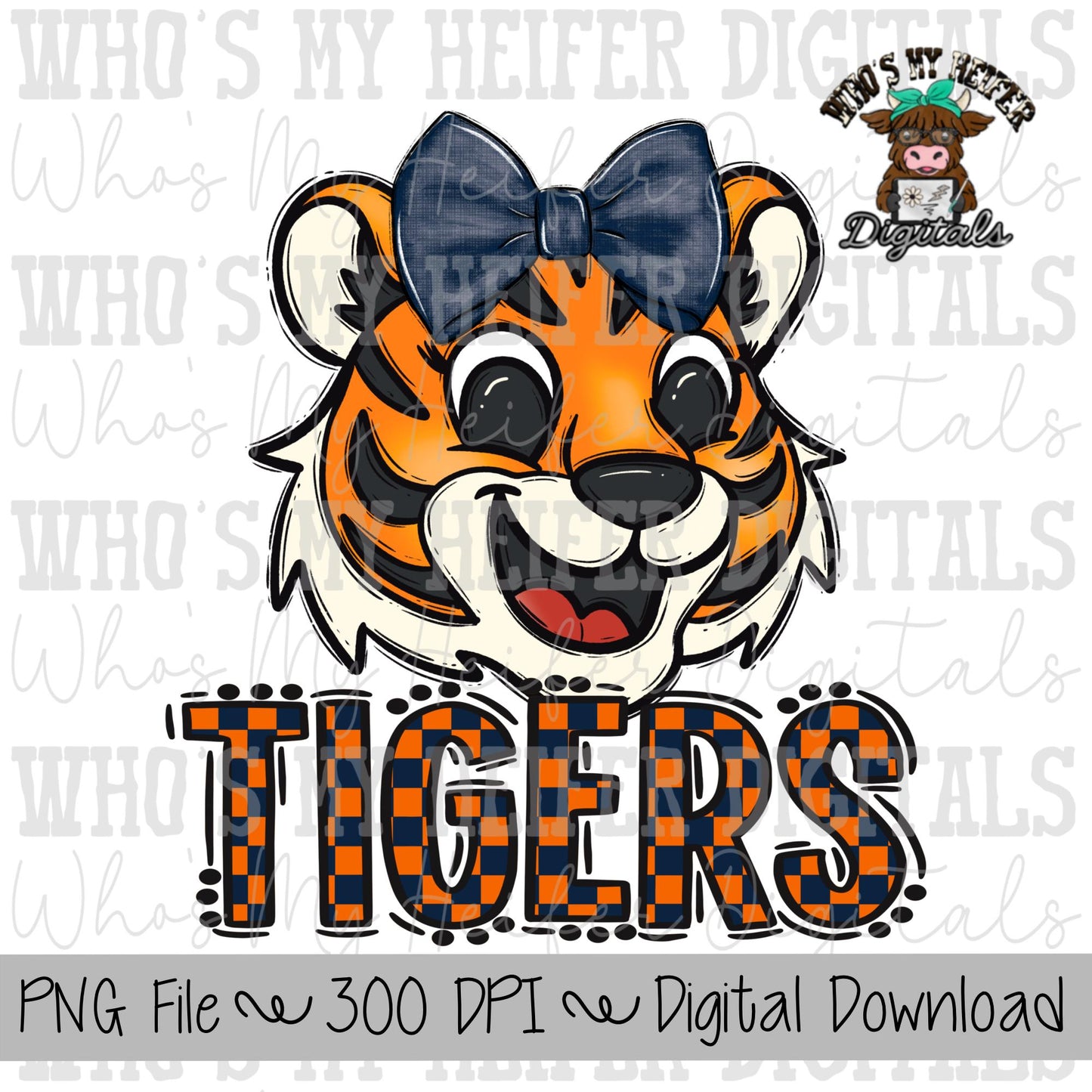 Tiger PNG Hand Drawn Tiger with Bow Sublimation PNG Game Day Shirt Designs School Spirit PNG Checkered Tiger Digital Download