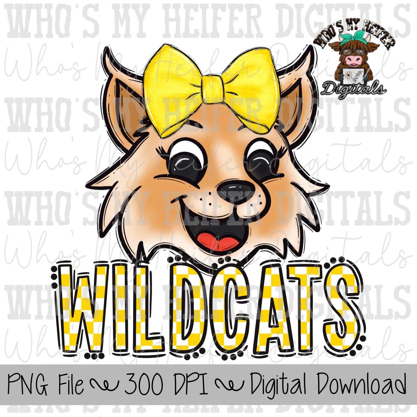 Yellow & White Wildcat PNG Hand Drawn Wildcat with Bow Sublimation PNG Game Day Shirt Design School Spirit PNG Checkered Wildcats Doodle Art