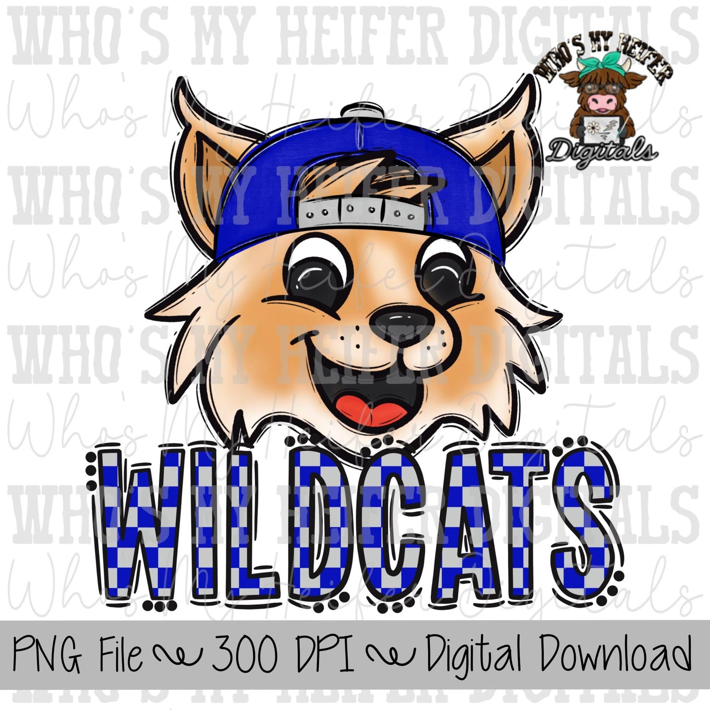 Blue & Gray Wildcat PNG Hand Drawn Wildcat with Hat Sublimation PNG Game Day Shirt Design School Spirit PNG Checkered Wildcats Doodle Art