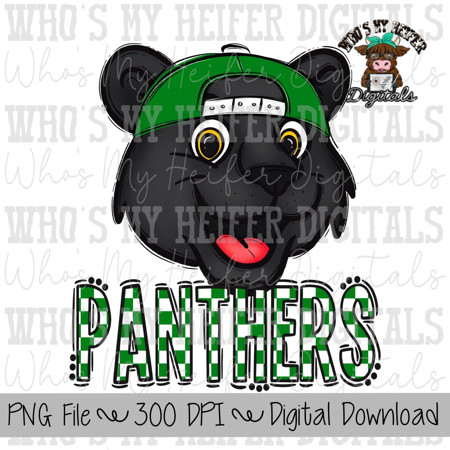 Green & White Panthers PNG Hand Drawn Panther with Hat Sublimation PNG Game Day Shirt Design School Spirit PNG Checkered Panther Doodle Art