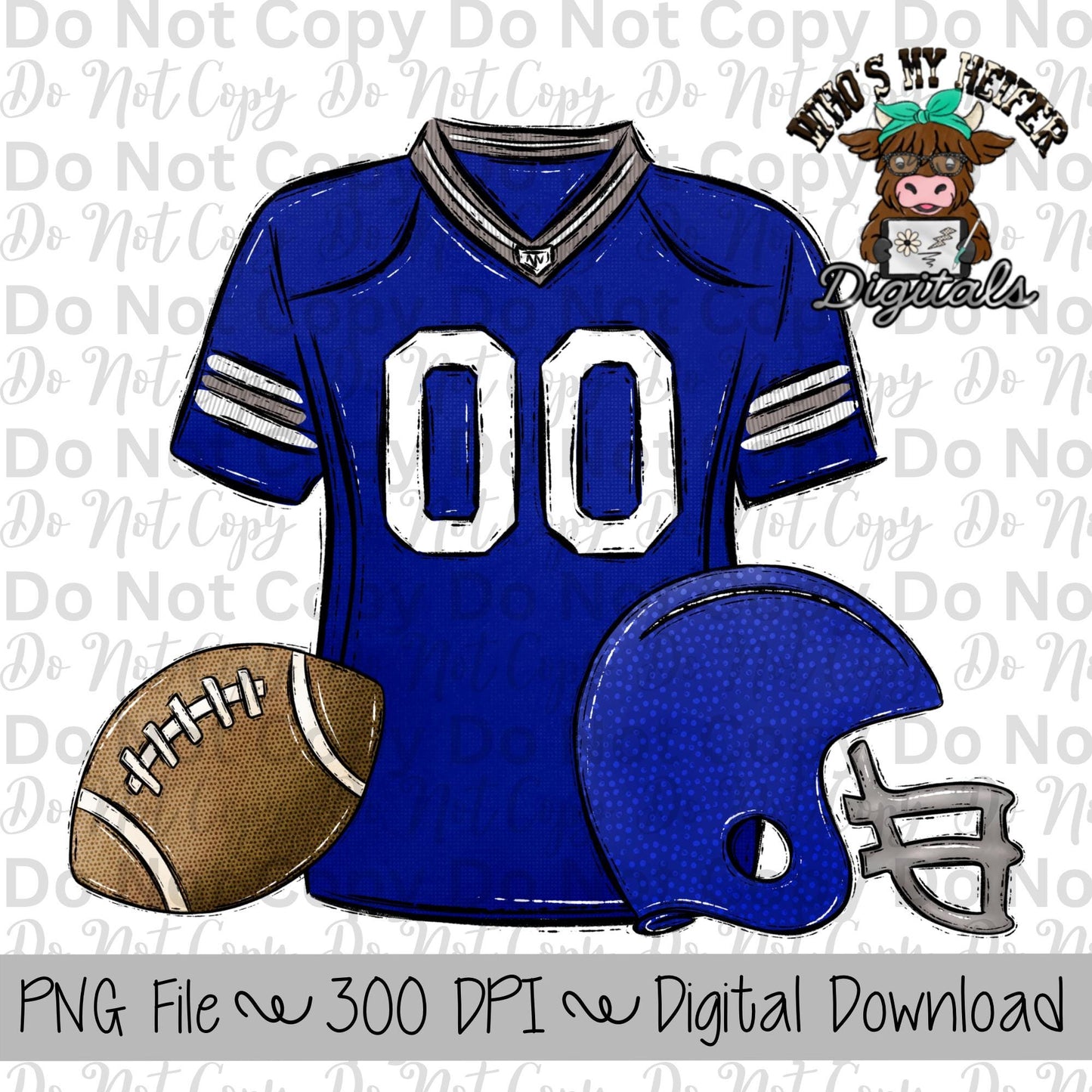 Blue and White Football Trio PNG Hand Drawn Football, Jersey, & Helmet Sublimation Design Boy Game Day Shirt Design Football Gear Clipart