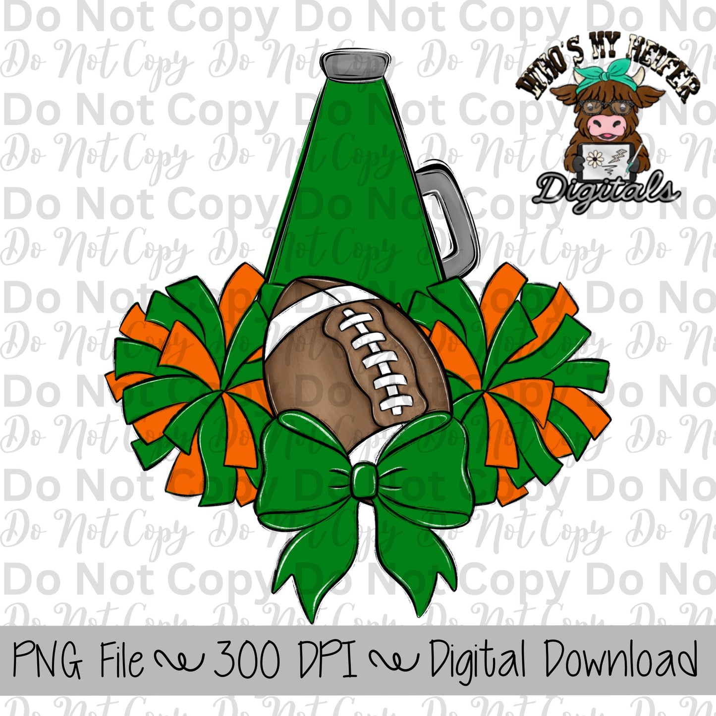 Green and Orange Football Cheer PNG Hand Drawn Football, Pompoms, & Cheer Bow Sublimation Design Girl Game Day Shirt Design Cheer Clipart