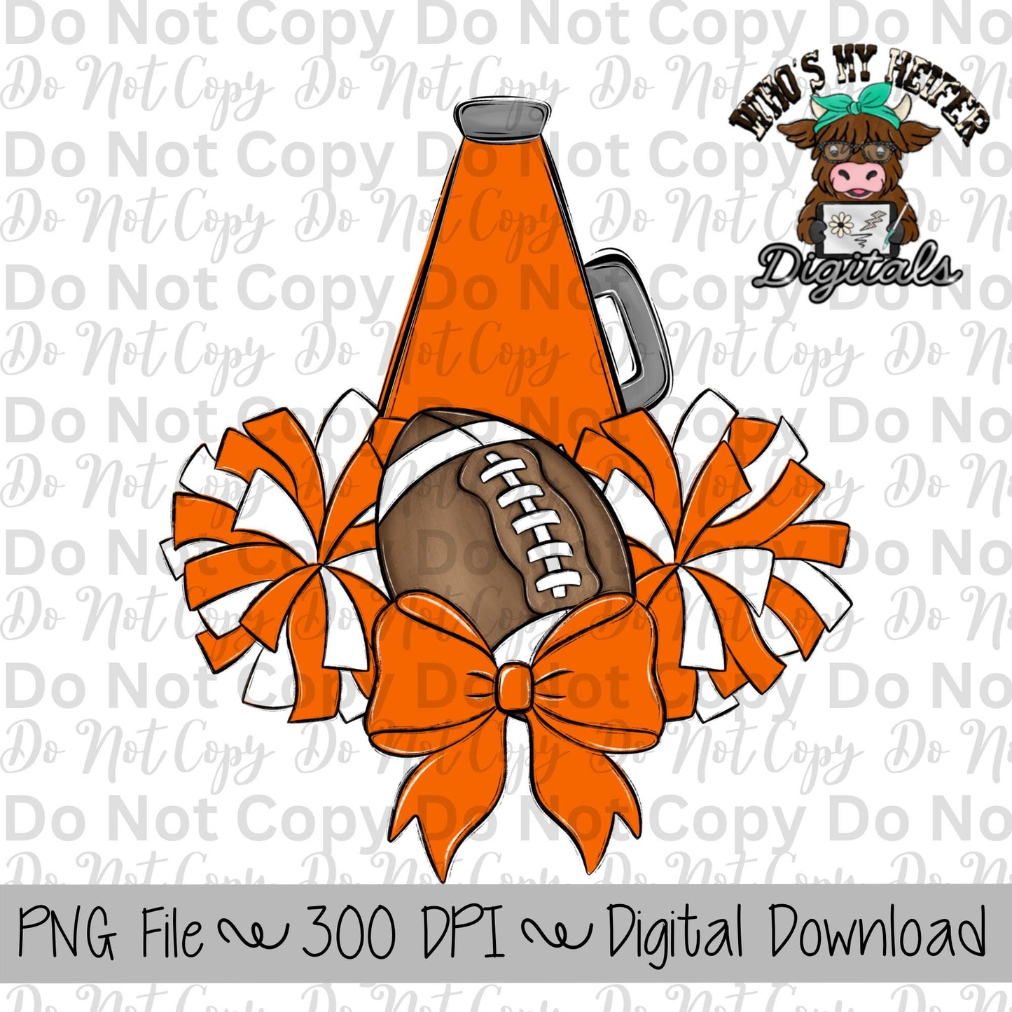 Orange and White Football Cheer PNG Hand Drawn Football, Pompoms, & Cheer Bow Sublimation Design Girl Game Day Shirt Design Cheer Clipart