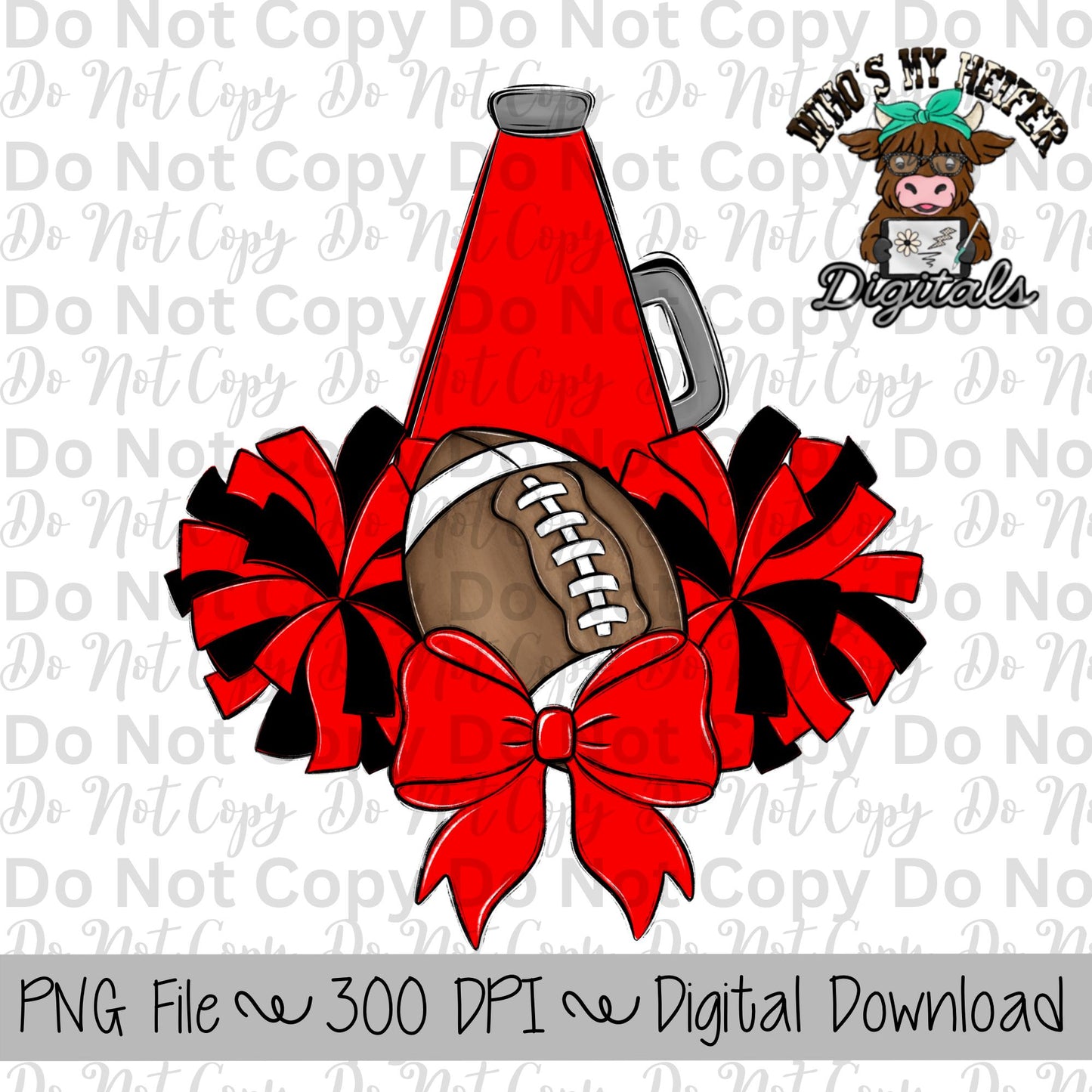 Red and Black Football Cheer PNG Hand Drawn Football, Pompoms, & Cheer Bow Sublimation Design Girl Game Day Shirt Design Cheer Clipart