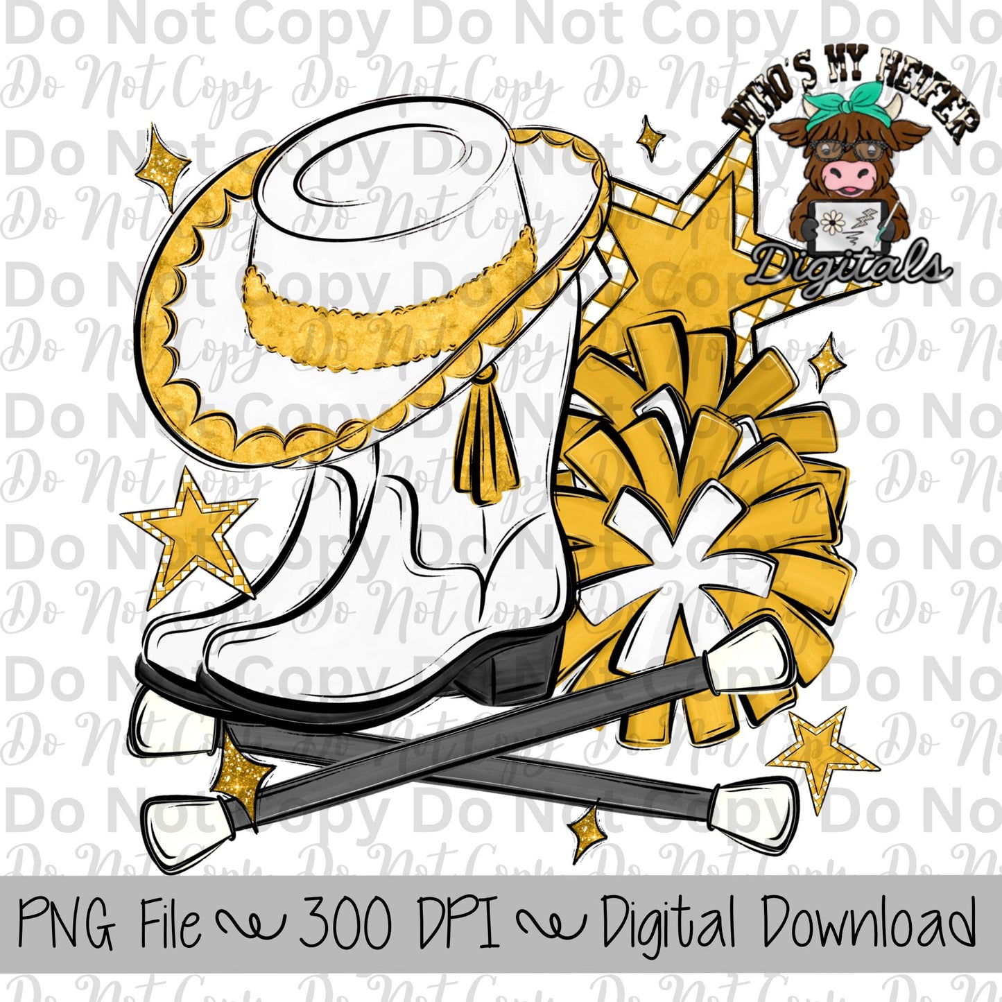 Yellow and White Drill Team PNG Hand Drawn Pompoms, Drill Hat, & Baton Twirler Sublimation Design Band Game Day Shirt Design Drill Team Boot