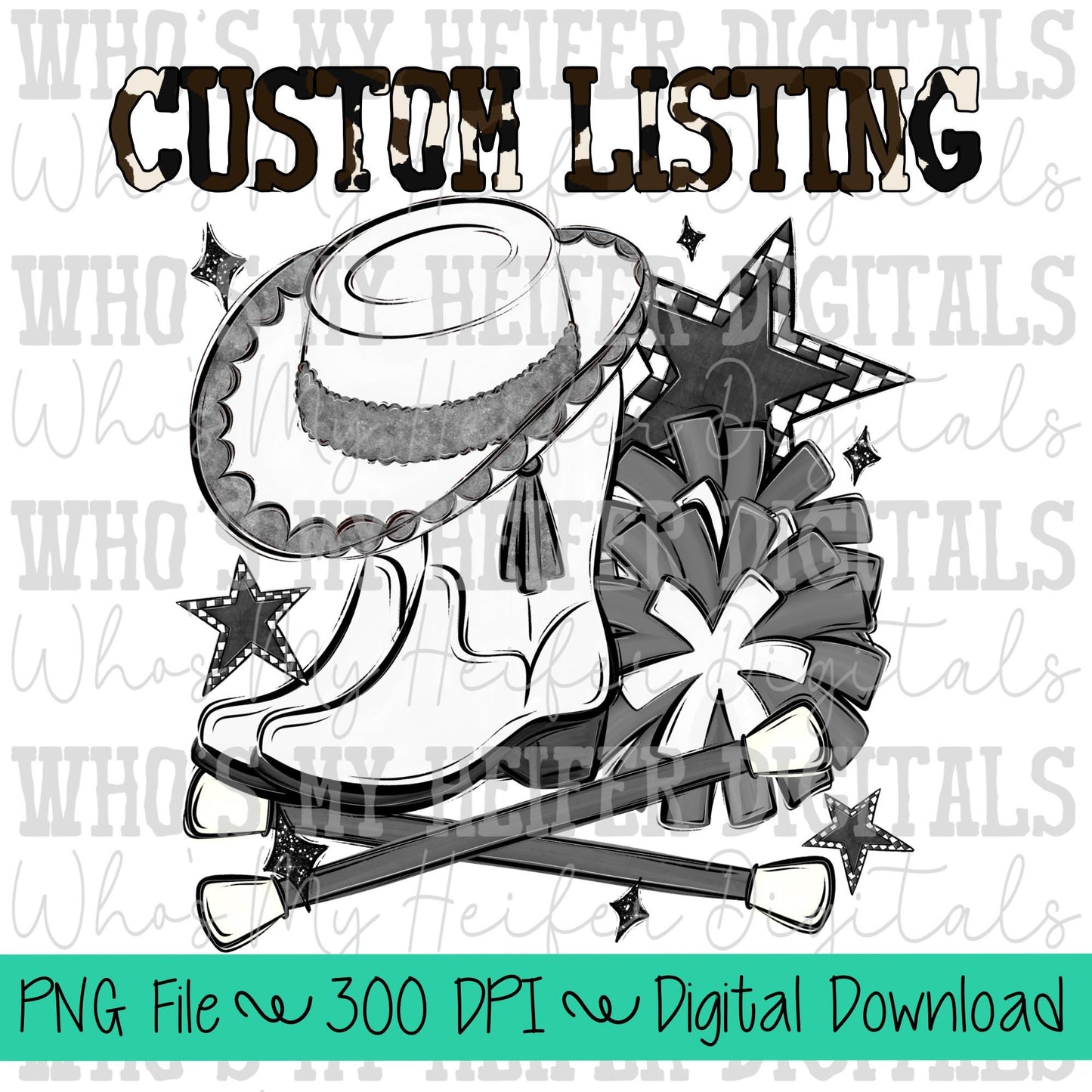 Custom Drill Team PNG Hand Drawn Pompoms, Drill Hat, & Baton Twirler Sublimation Design Custom Band Game Day Shirt Design Drill Team Boots