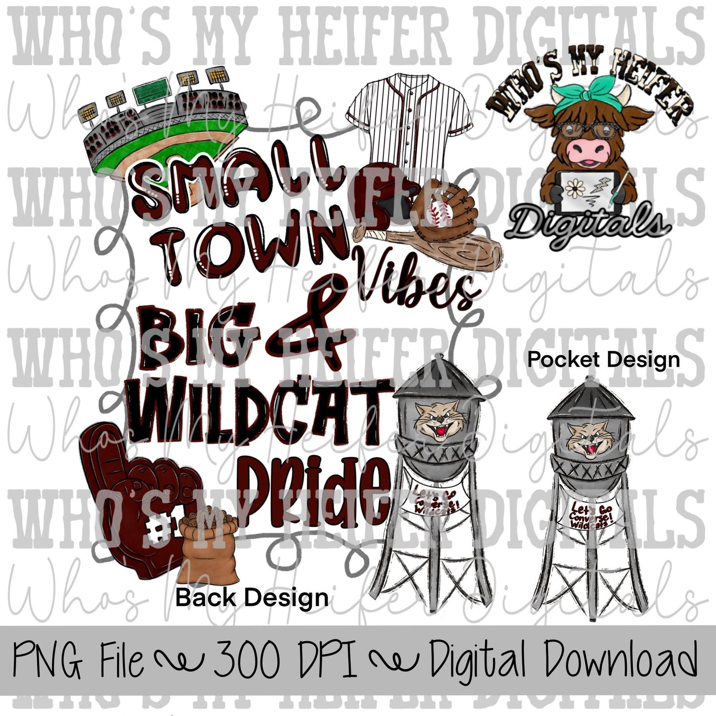 Small Town Vibes PNG Hand Drawn Wildcat Baseball Sublimation Design Game Day Shirt Designs School Spirit PNG File Wildcat Pride Digital Art