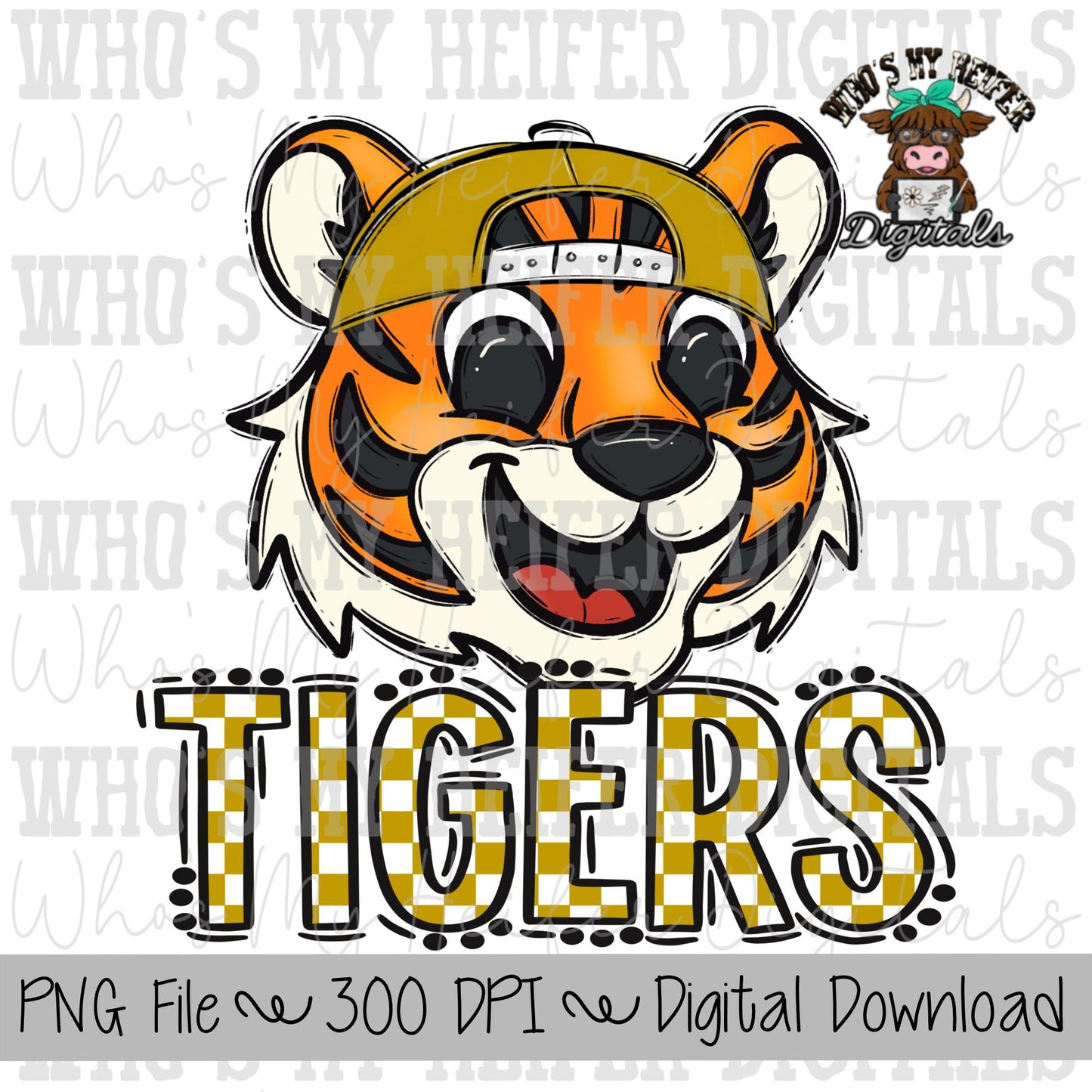 Gold & White Tiger PNG Hand Drawn Tiger with Hat Sublimation PNG Game Day Shirt Designs School Spirit PNG Checkered Tiger Digital Download