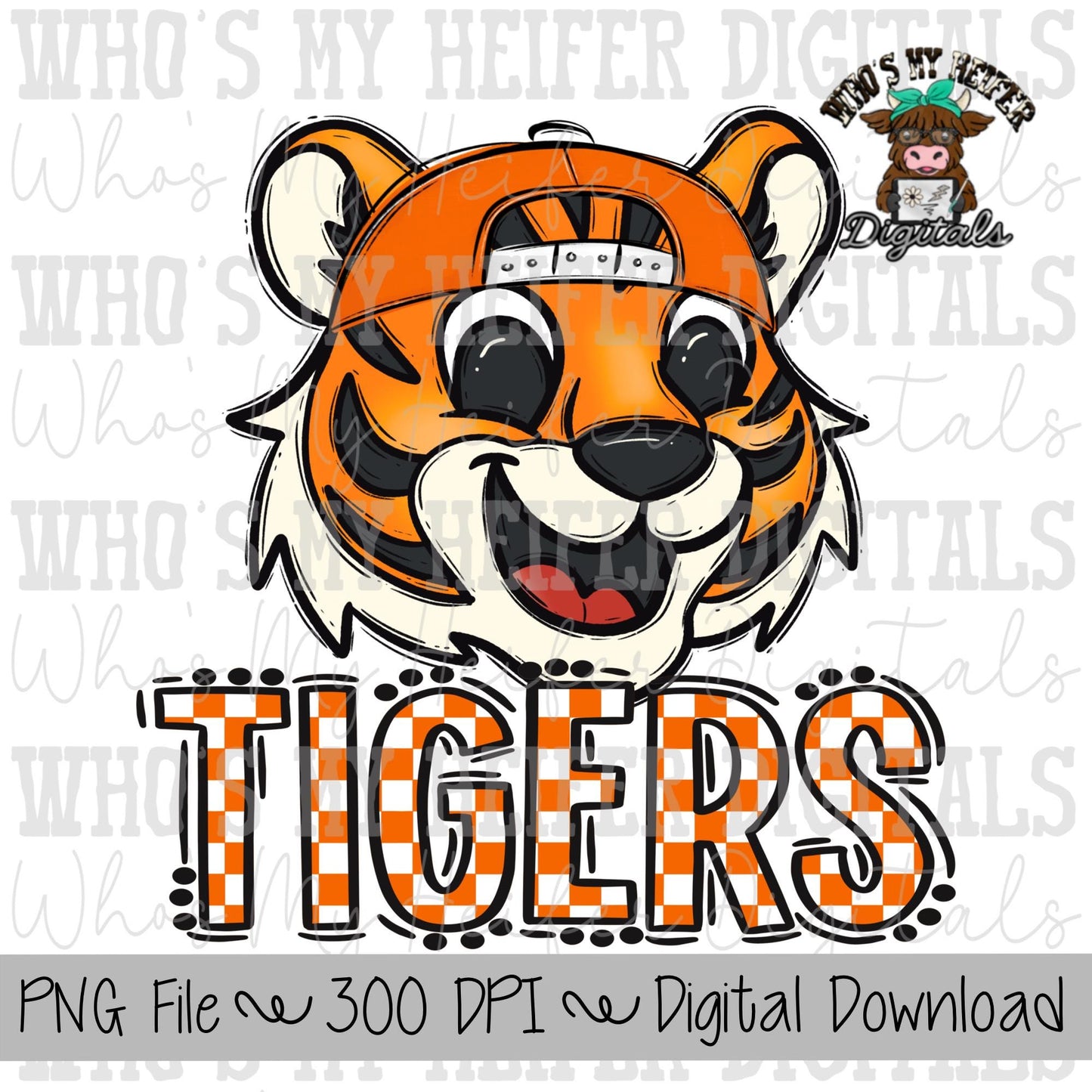 Orange & White Tiger PNG Hand Drawn Tiger with Hat Sublimation PNG Game Day Shirt Designs School Spirit PNG Checkered Tiger Digital Download