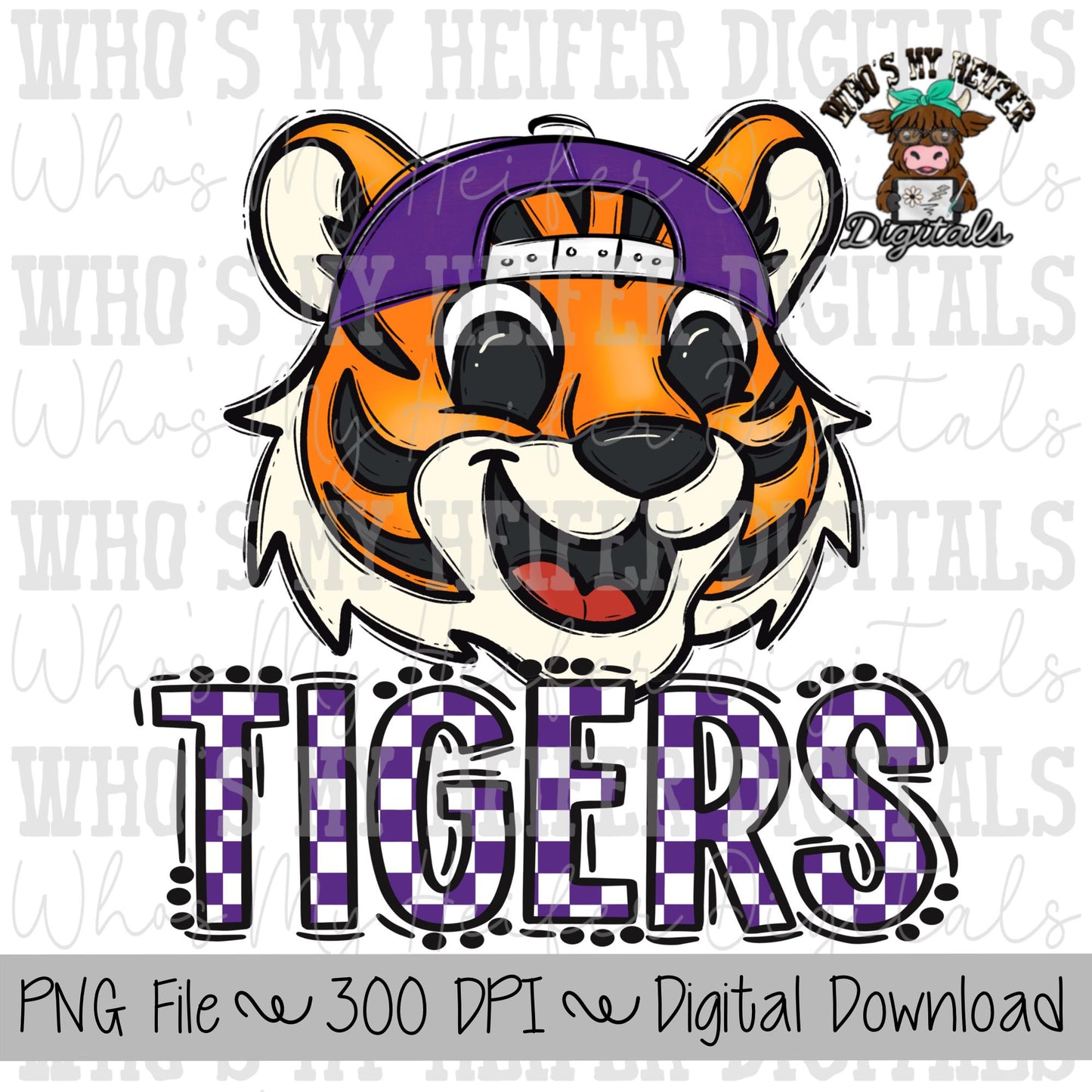 Purple & White Tiger PNG Hand Drawn Tiger with Hat Sublimation PNG Game Day Shirt Designs School Spirit PNG Checkered Tiger Digital Download