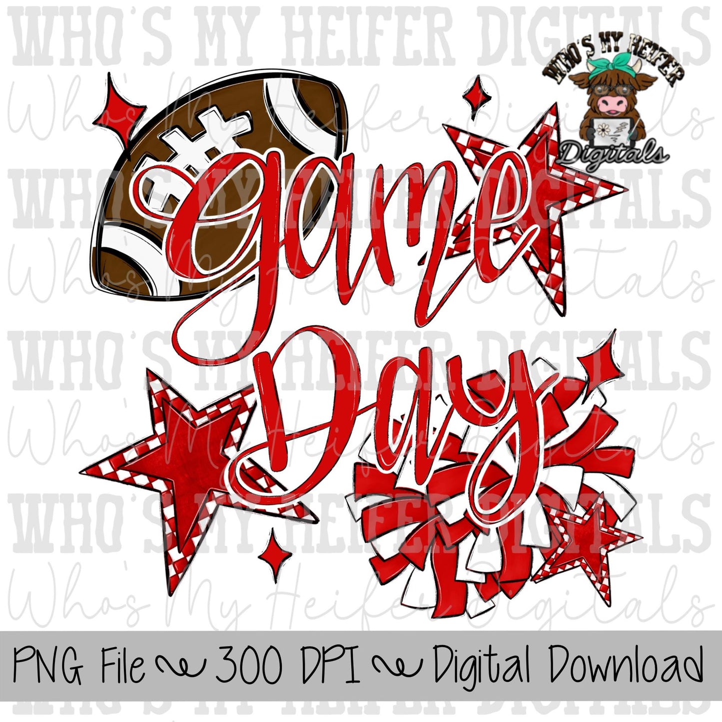 Game Day Football Cheer PNG Hand Drawn Football & Pompoms Sublimation Design Girl Game Day Shirt Design Cheer Clipart Checkered Stars
