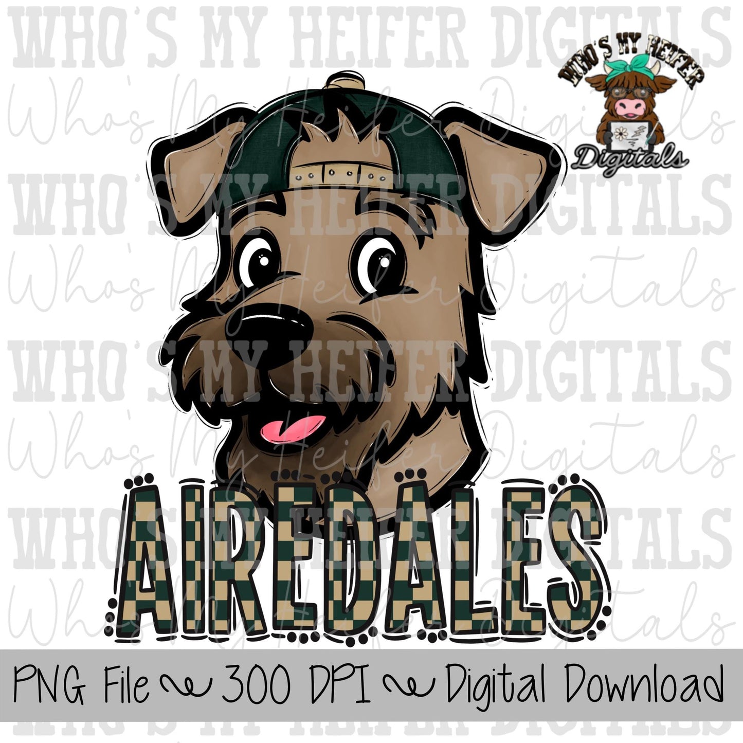Green & Gold Airedale PNG Hand Drawn Airedale with Hat Sublimation PNG Game Day Shirt Design School Spirit Checkered Airedale Kids Mascot