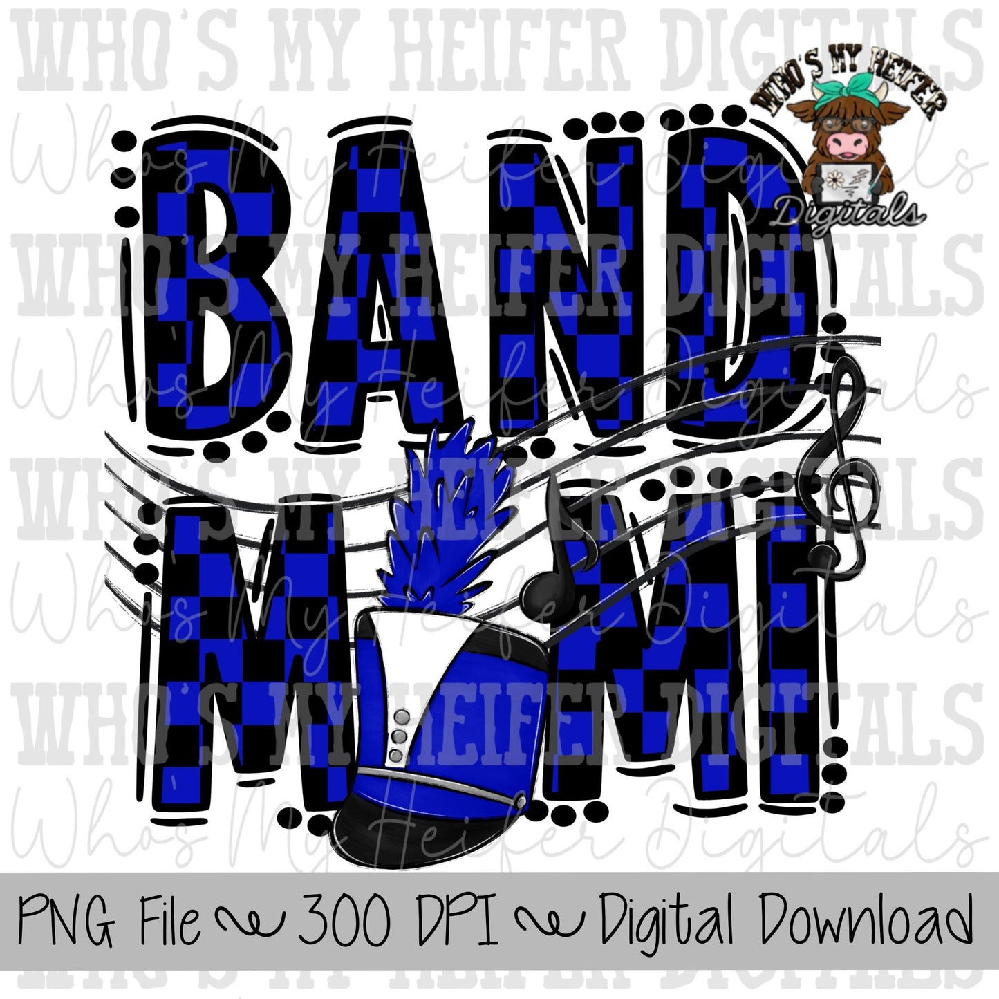 Blue and Black Band Mimi PNG Hand Drawn Checkered Band Grandma Sublimation PNG Band Game Day Shirt Design Marching Band Mimi Digital Art