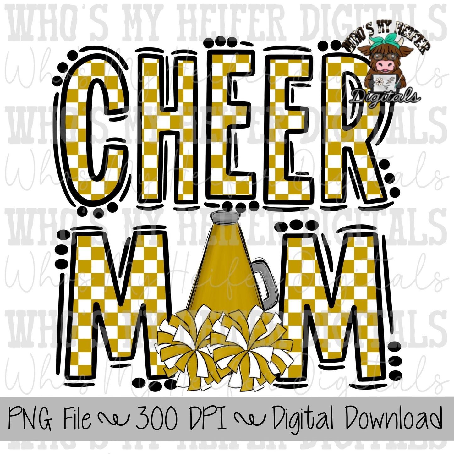 Gold and White Cheer Mom PNG Hand Drawn Cheerleader Mom Sublimation Design Game Day Shirt Design Checkered Cheer Mama Digital Download