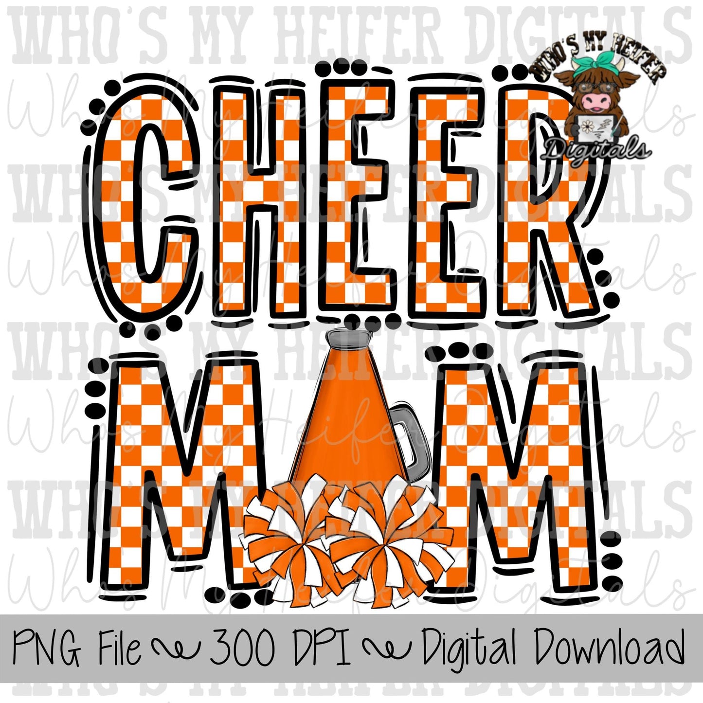 Orange and White Cheer Mom PNG Hand Drawn Cheerleader Mom Sublimation Design Game Day Shirt Design Checkered Cheer Mama Digital Download