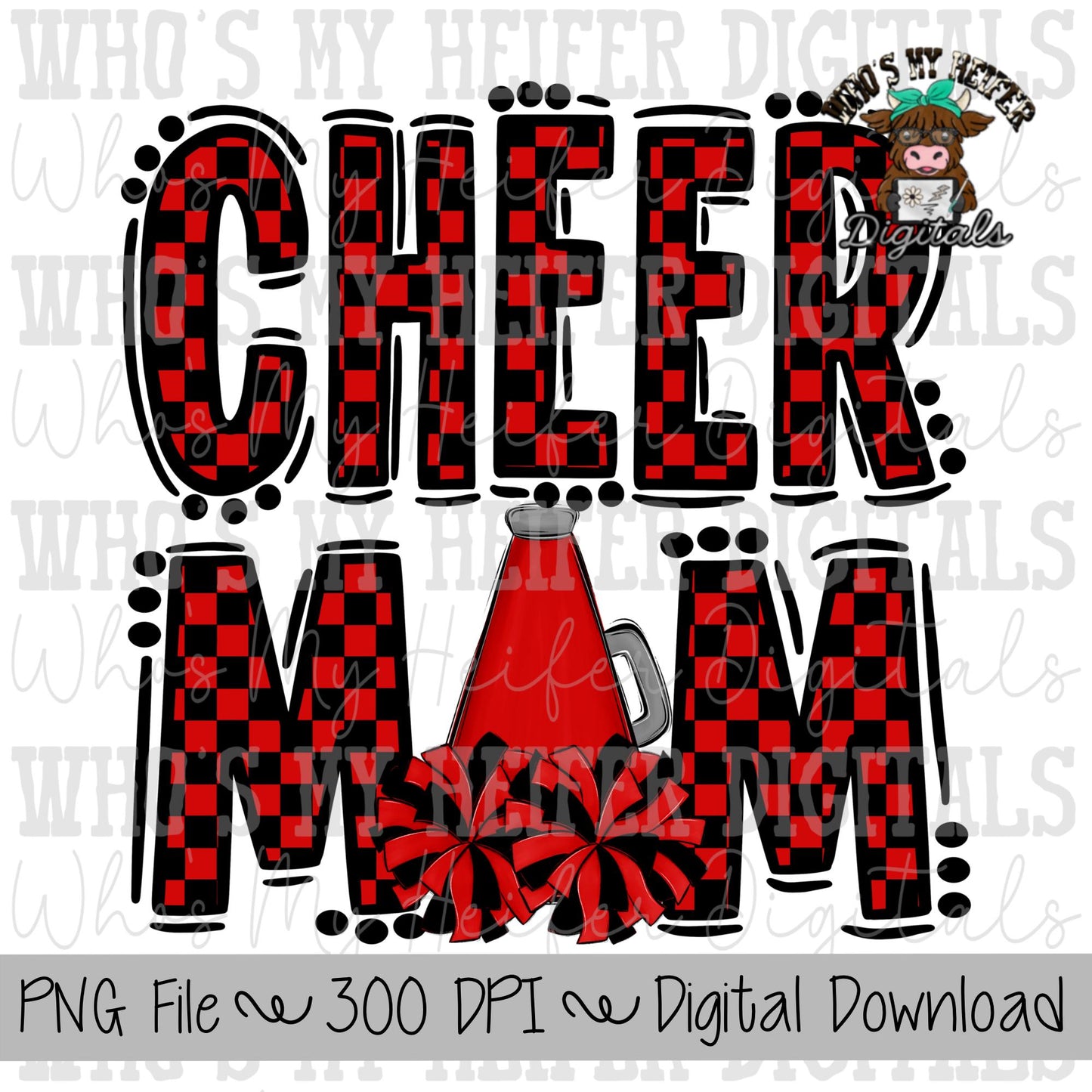 Red and Black Cheer Mom PNG Hand Drawn Cheerleader Mom Sublimation Design Game Day Shirt Design Checkered Cheer Mama Digital Download