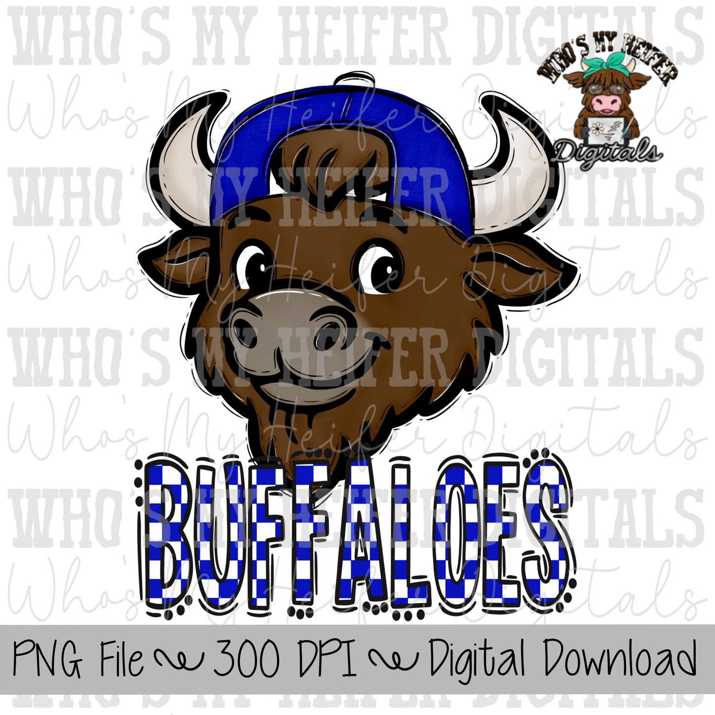 Blue & White Buffalo PNG Hand Drawn Buffalo with Hat Sublimation PNG Game Day Shirt Designs School Spirit PNG Checkered Buffaloes Doodle Art