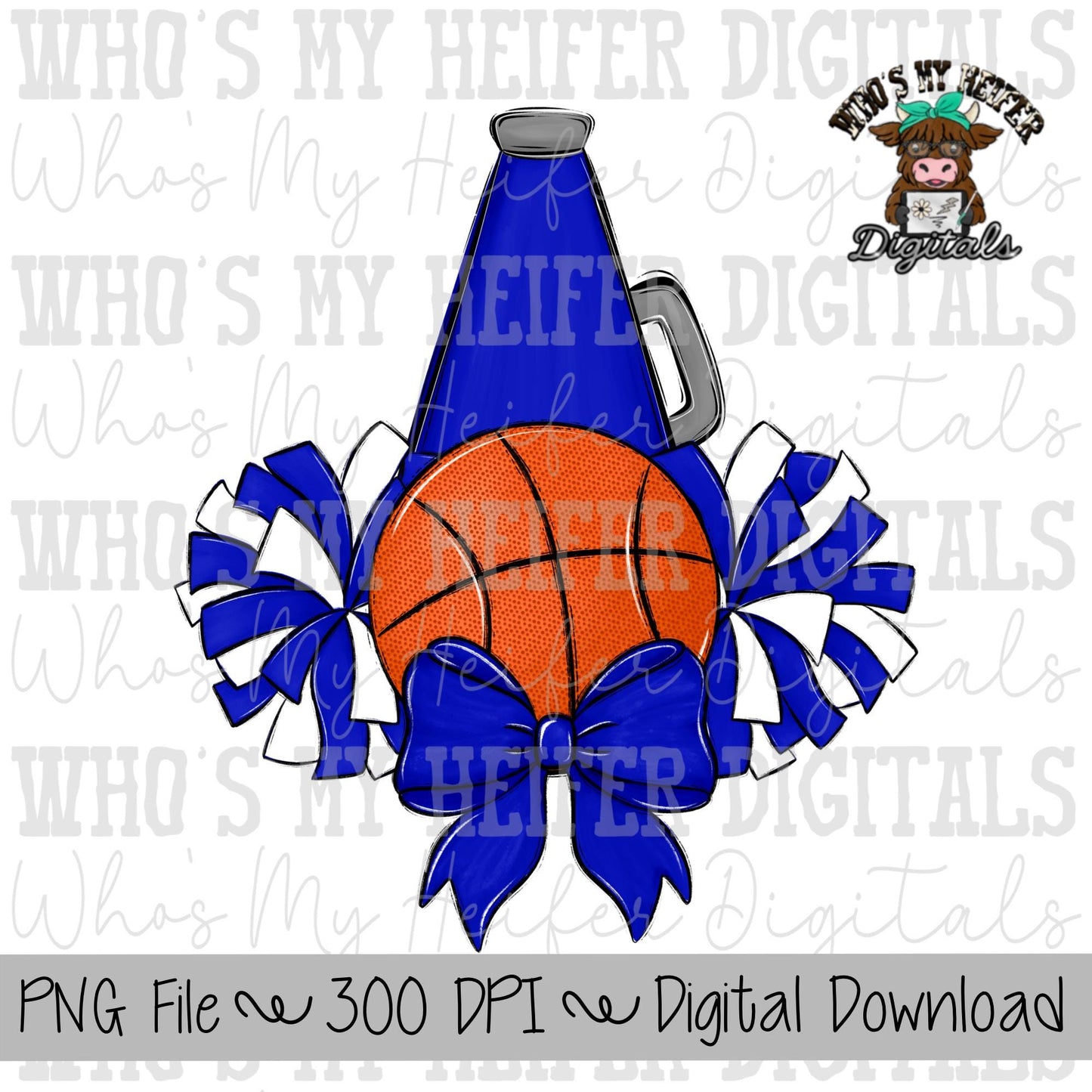 Blue and White Basketball Cheer PNG Hand Drawn Basketball, Pompoms, & Cheer Bow Sublimation Design Girl Game Day Shirt Design Cheer Clipart