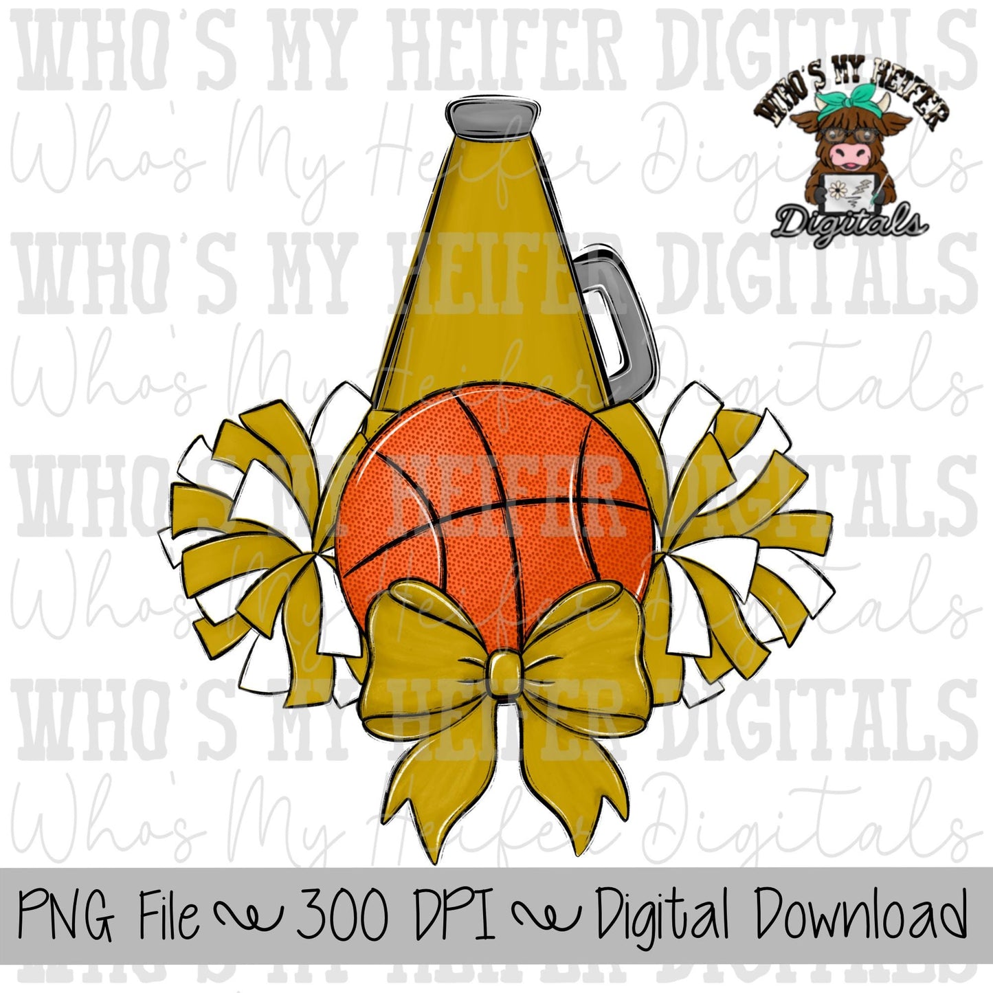 Gold and White Basketball Cheer PNG Hand Drawn Basketball, Pompoms, & Cheer Bow Sublimation Design Girl Game Day Shirt Design Cheer Clipart