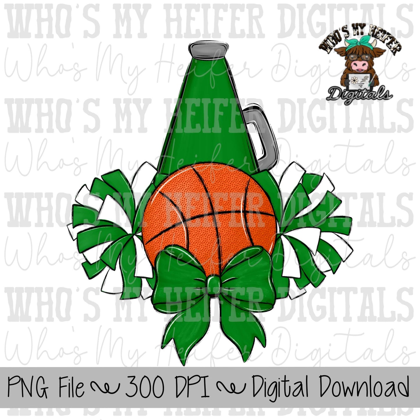 Green and White Basketball Cheer PNG Hand Drawn Basketball, Pompoms, & Cheer Bow Sublimation Design Girl Game Day Shirt Design Cheer Clipart