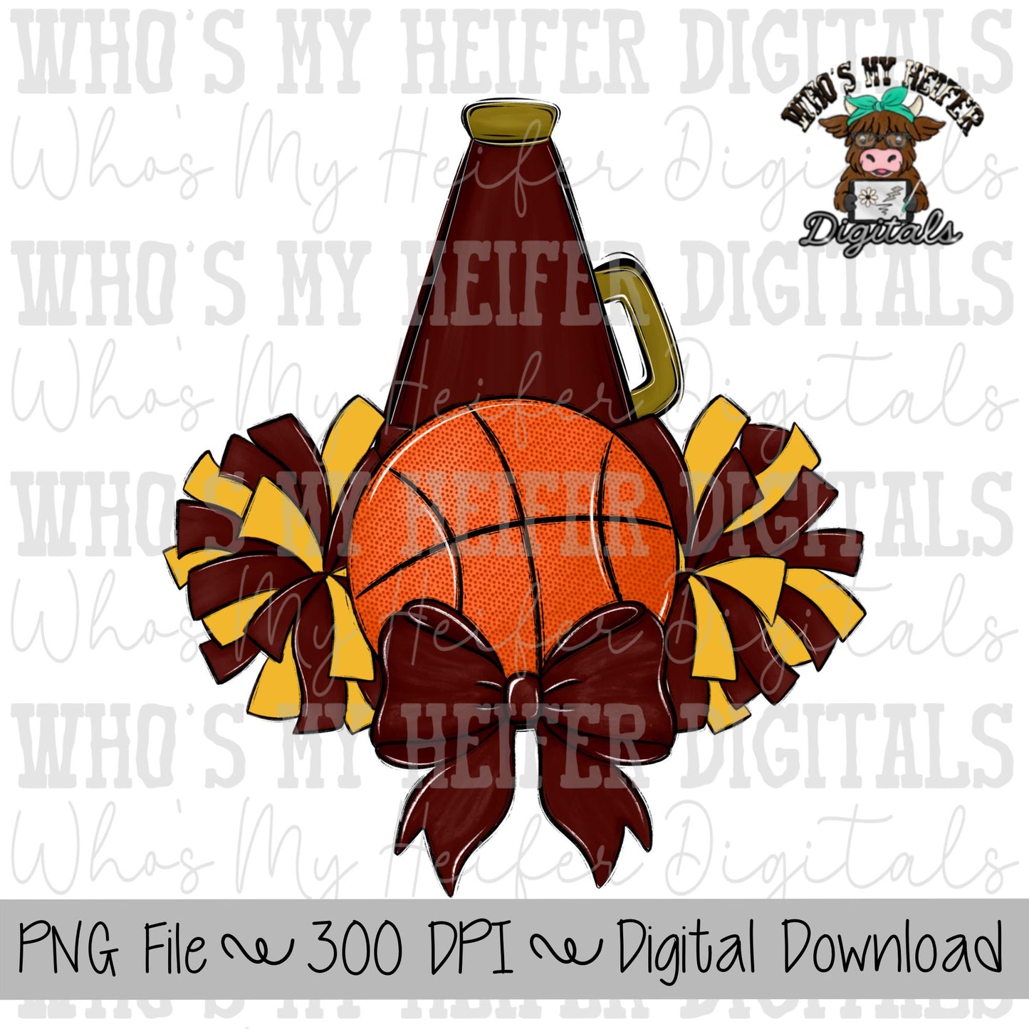 Burgundy and Gold Basketball Cheer PNG Hand Drawn Basketball, Pompoms, & Cheer Bow Sublimation PNG Girl Game Day Shirt Design Cheer Clipart
