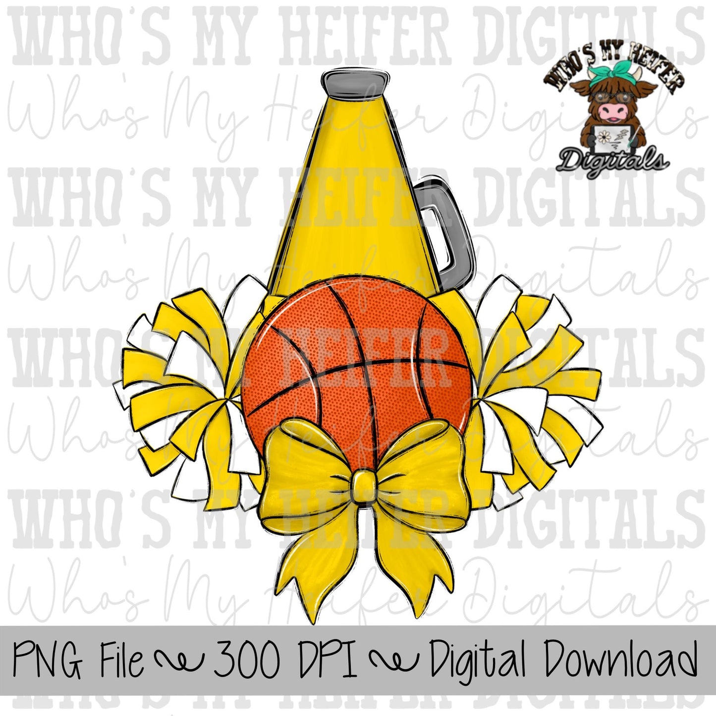 Yellow and White Basketball Cheer PNG Hand Drawn Basketball, Pompoms, & Cheer Bow Sublimation PNG Girl Game Day Shirt Design Cheer Clipart