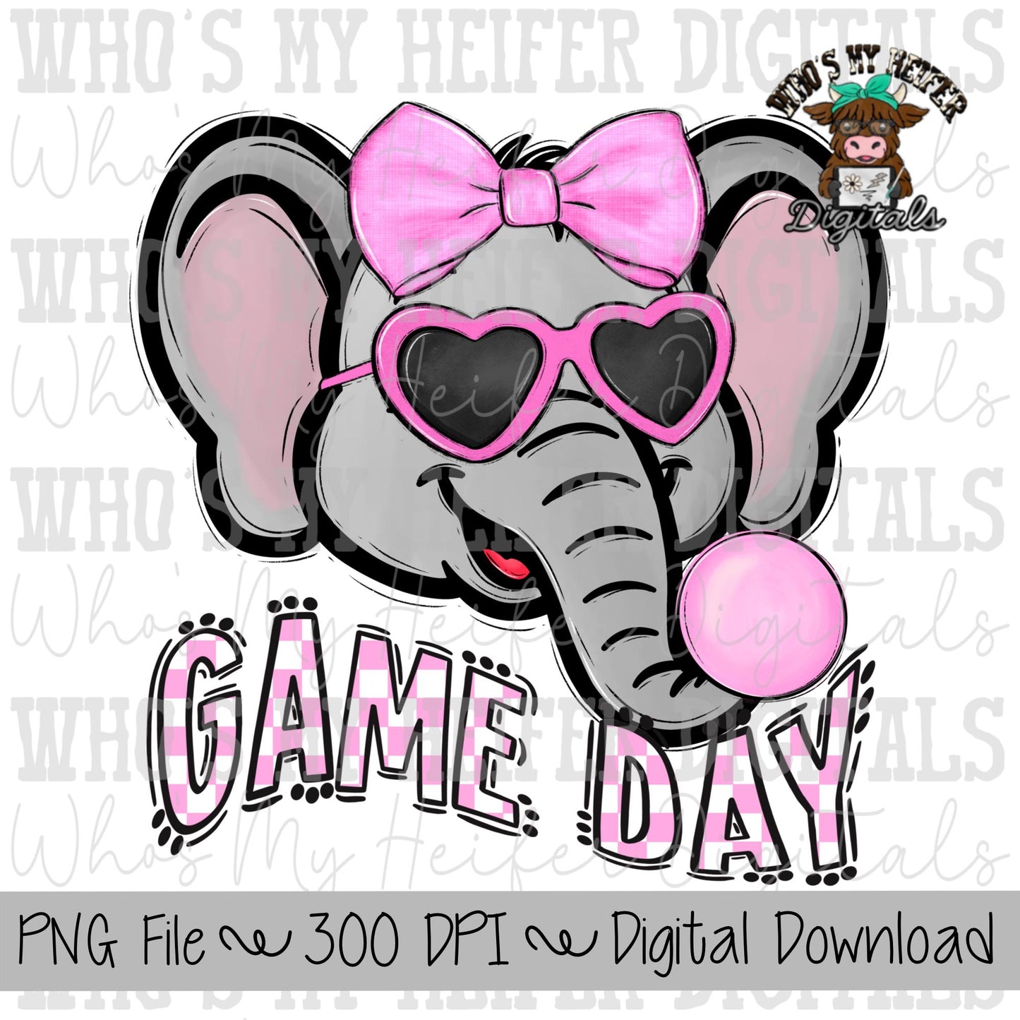 Bubble Gum Elephant PNG Hand Drawn Elephant with Bow Sublimation PNG Game Day Shirt Designs School Spirit PNG Checkered Elephant Doodle