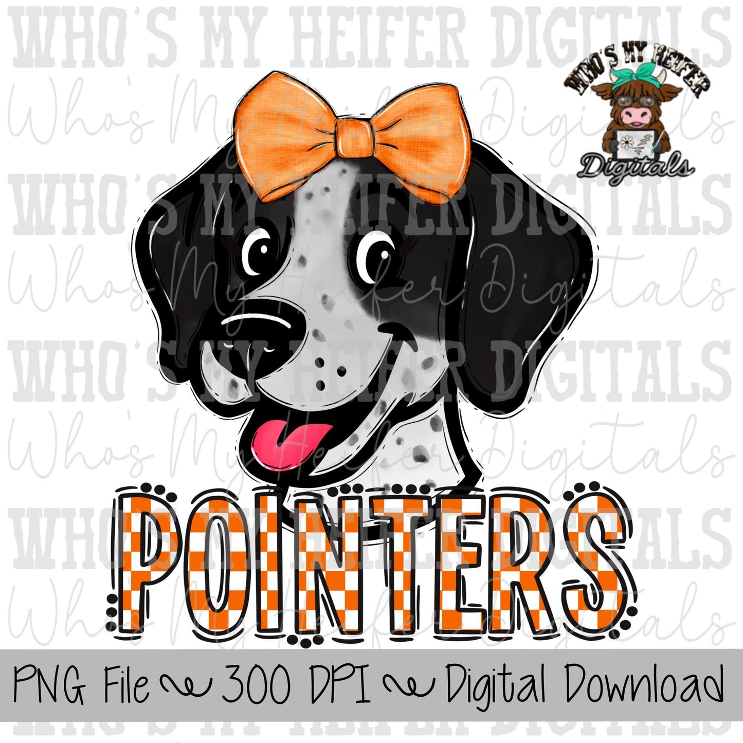 Orange & White Pointers PNG Hand Drawn Pointer with Bow Sublimation PNG Game Day Shirt Design School Spirit PNG Checkered Pointer Kid Mascot