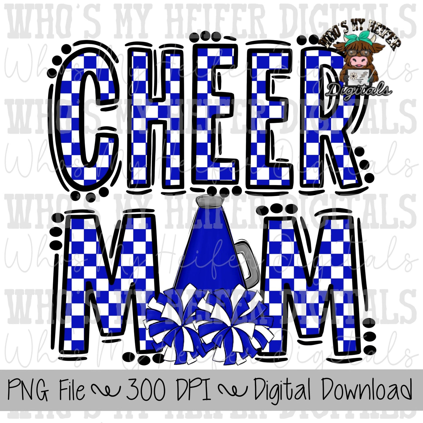 Blue and White Cheer Mom PNG Hand Drawn Cheerleader Mom Sublimation Design Game Day Shirt Design Checkered Cheer Mama Digital Download