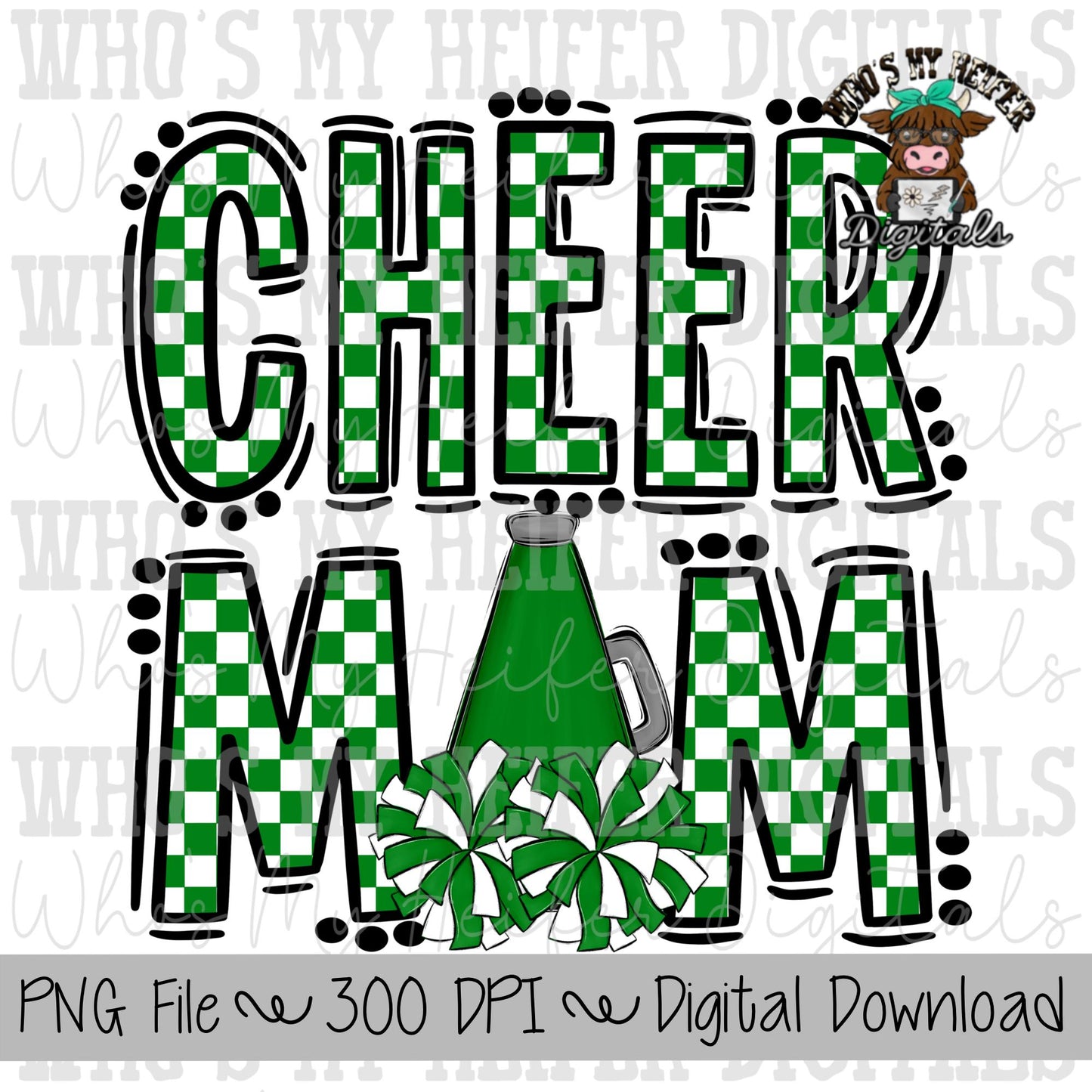 Green and White Cheer Mom PNG Hand Drawn Cheerleader Mom Sublimation Design Game Day Shirt Design Checkered Cheer Mama Digital Download