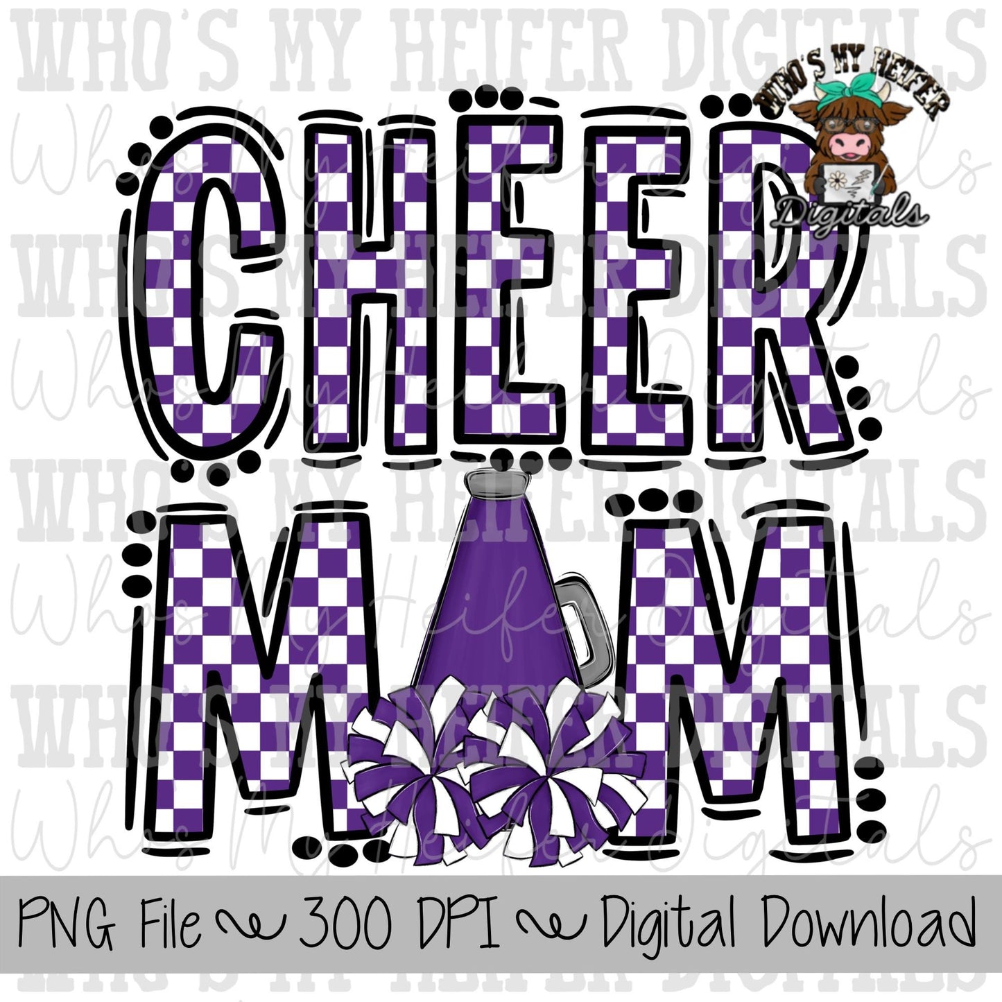 Purple and White Cheer Mom PNG Hand Drawn Cheerleader Mom Sublimation Design Game Day Shirt Design Checkered Cheer Mama Digital Download