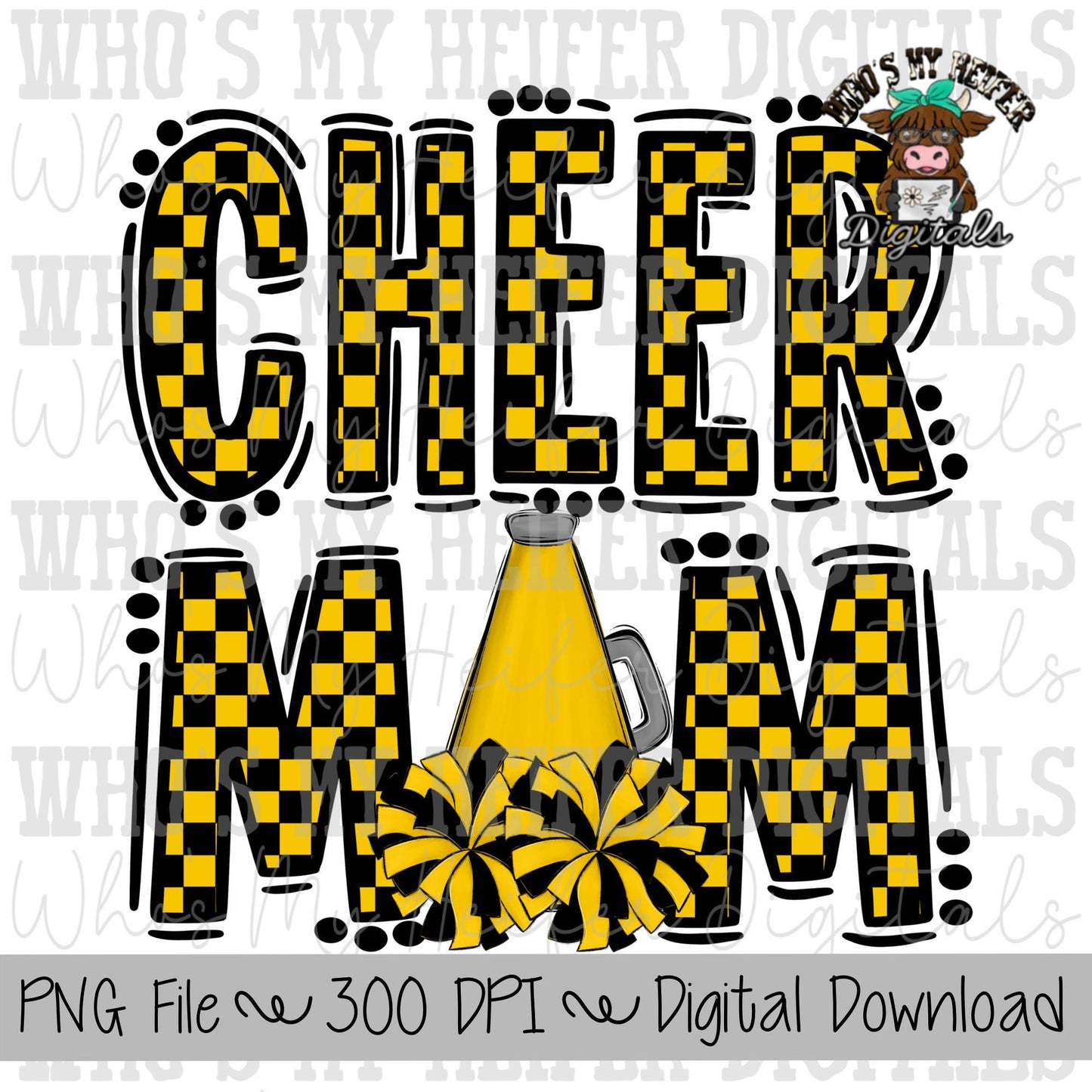 Yellow and Black Cheer Mom PNG Hand Drawn Cheerleader Mom Sublimation Design Game Day Shirt Design Checkered Cheer Mama Digital Download