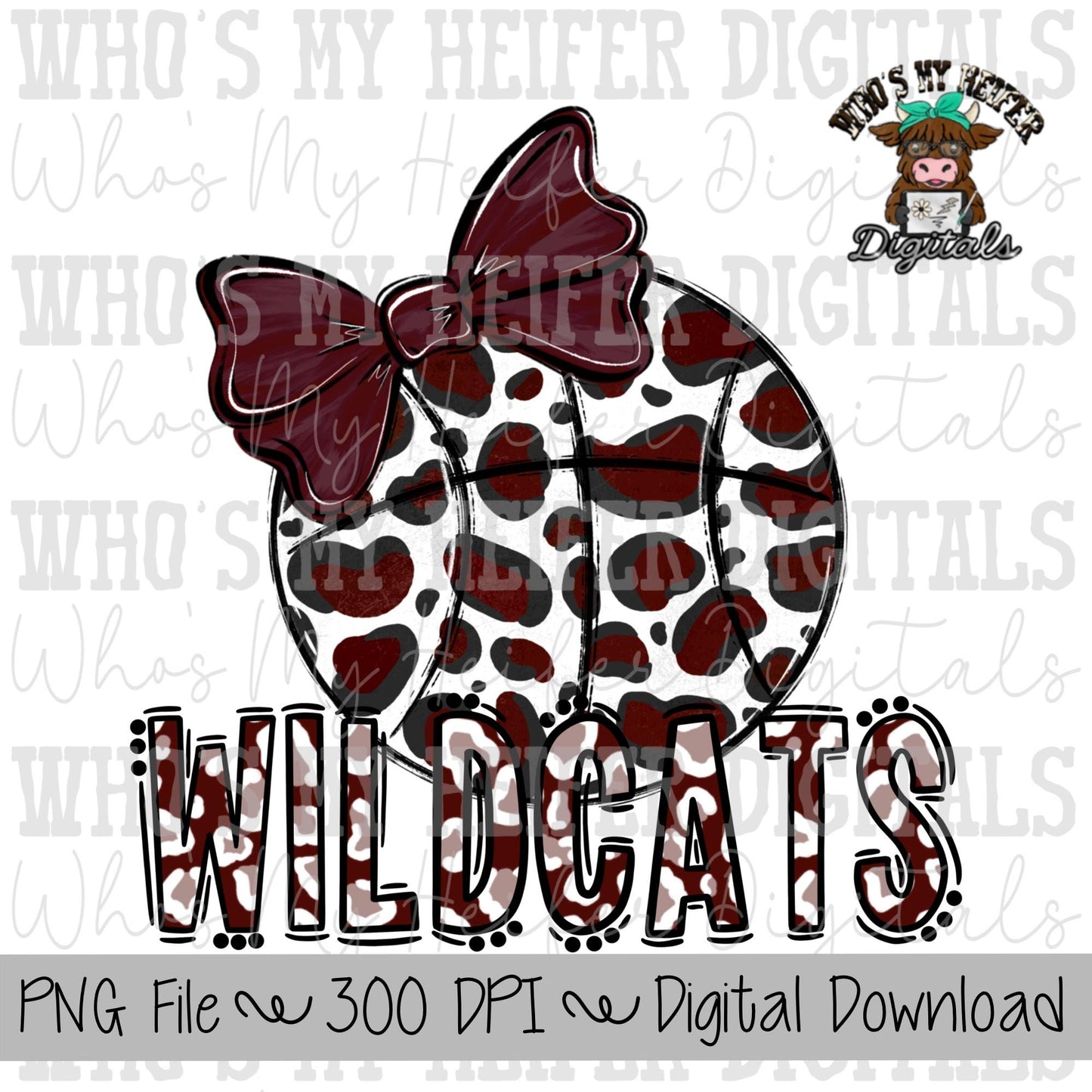 Maroon & White Wildcat PNG Hand Drawn Basketball with Bow Sublimation PNG Game Day Shirt Design School Spirit PNG Leopard Wildcat Doodle Art