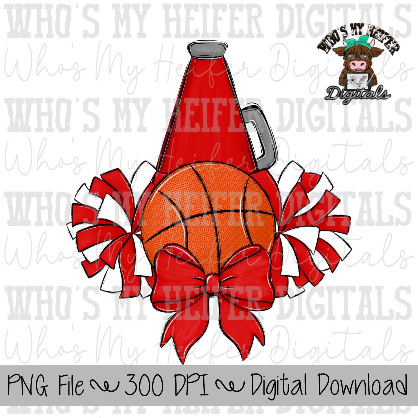 Red and White Basketball Cheer PNG Hand Drawn Basketball, Pompoms, & Cheer Bow Sublimation PNG Girl Game Day Shirt Design Cheer Clipart