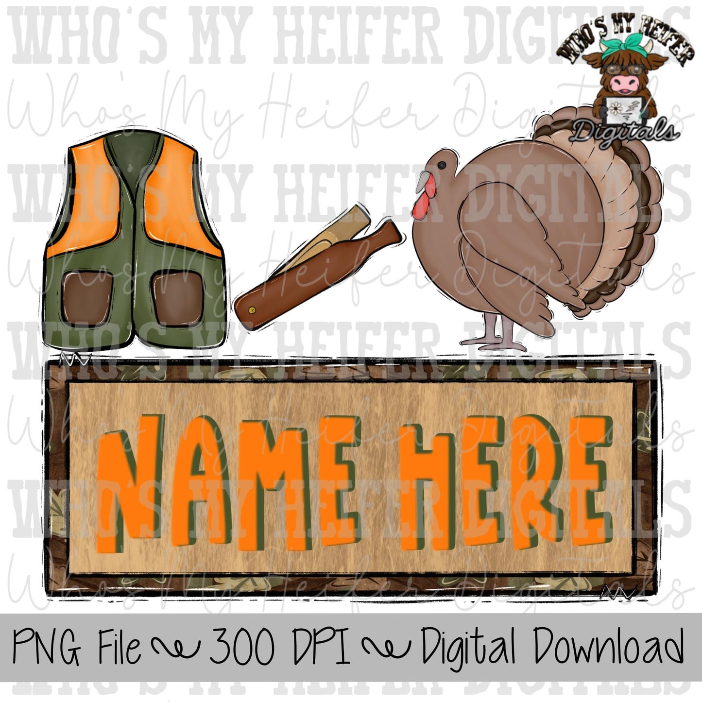 Turkey Hunting Name Block Sublimation PNG Hand Drawn Hunters Vest & Turkey Call PNG Boy Hunting Shirt Design Kids Camouflage Doodle Art