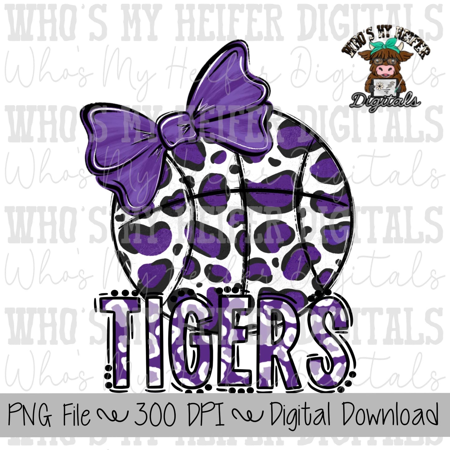 Purple & White Tiger PNG Hand Drawn Basketball with Bow Sublimation PNG Game Day Shirt Design School Spirit PNG Leopard Tiger Digital Art