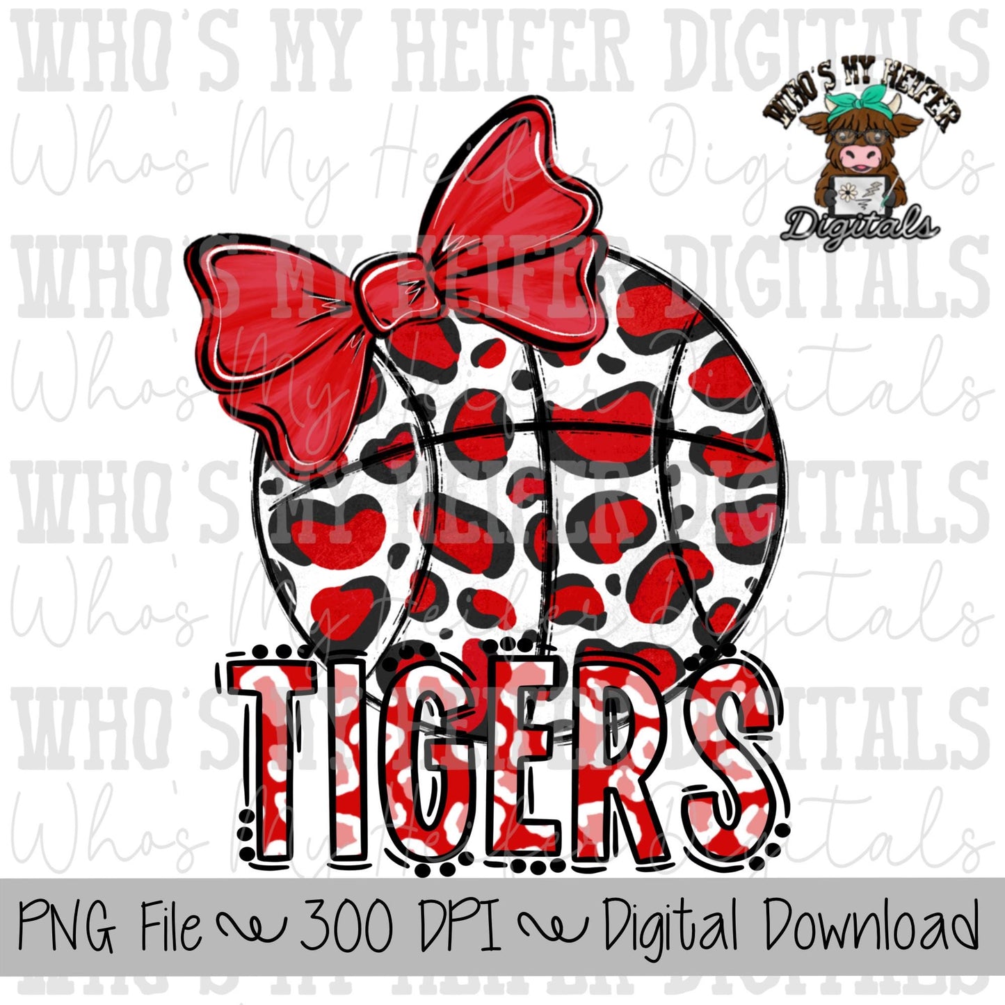 Red & White Tiger PNG Hand Drawn Basketball with Bow Sublimation PNG Game Day Shirt Design School Spirit PNG Leopard Tiger Digital Art