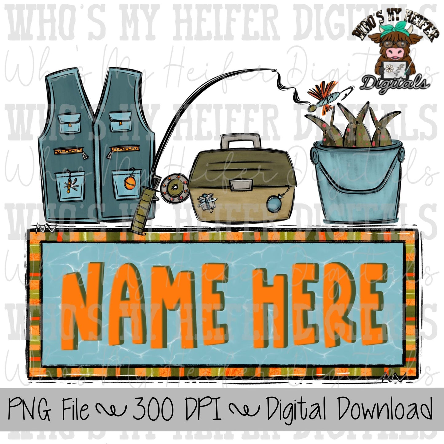 Fishing Trio Name Block Sublimation PNG Hand Drawn Vest, Tackle Box, & Fishing Pole PNG Boy Fishing Shirt Design Kids Fish Doodle Art