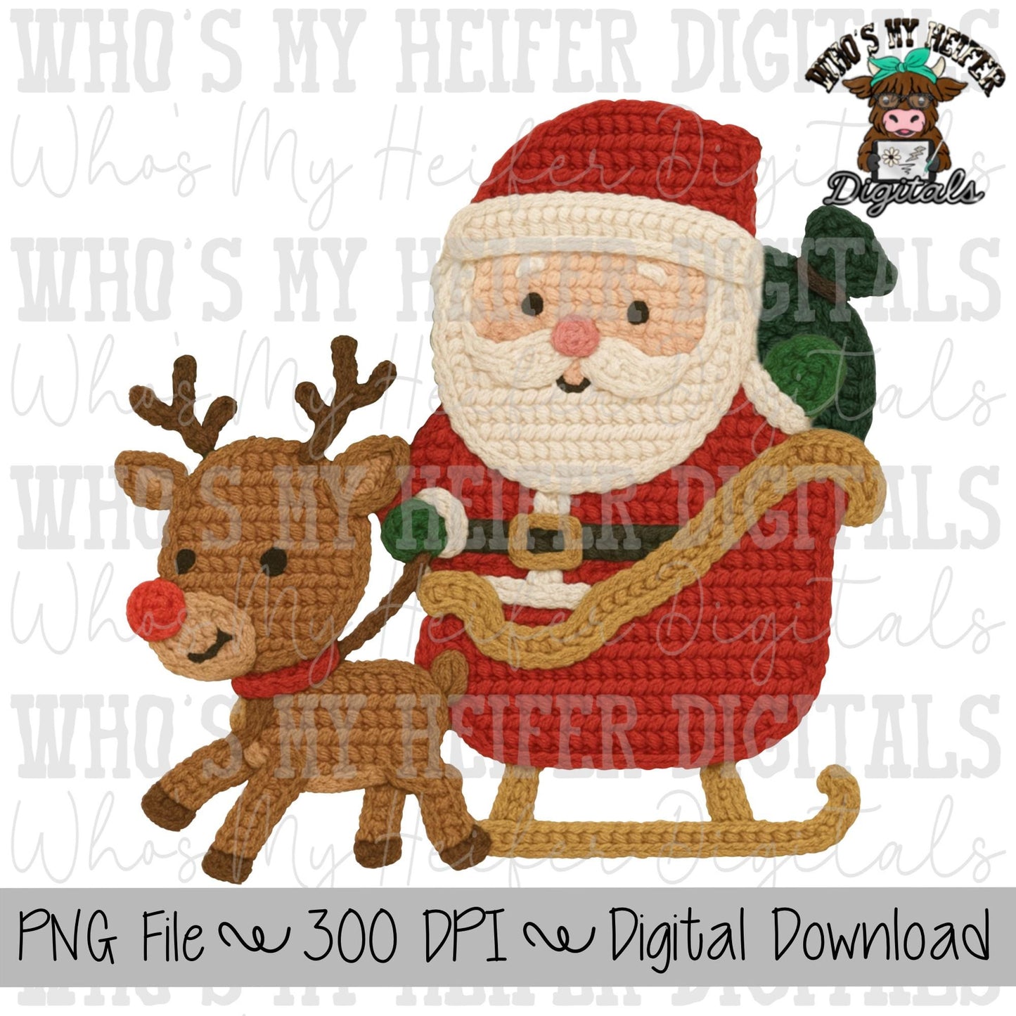 Faux Yarn Santa & Rudolph Sublimation PNG Hand Drawn Santa with Sleigh and Reindeer PNG Faux Crochet Christmas Shirt Design Cute Santa