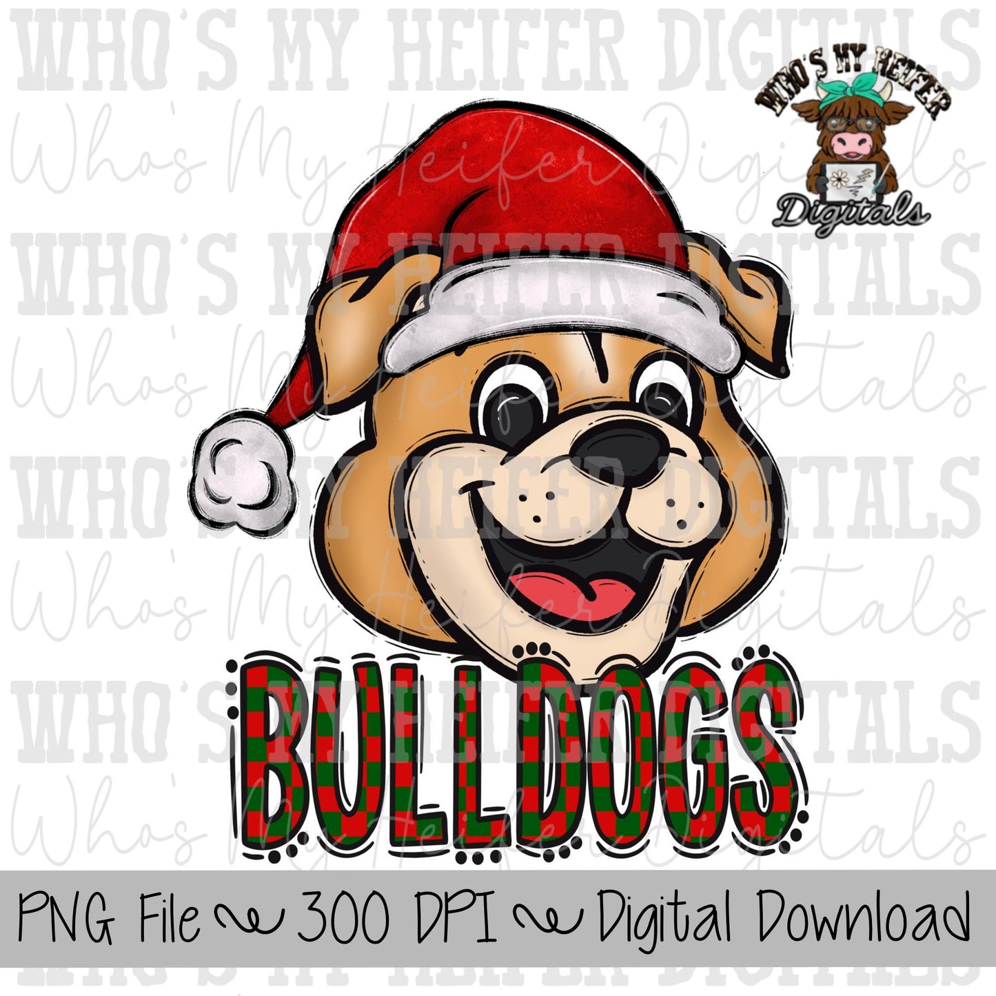 Red & Green Bulldogs PNG Hand Drawn Bulldog with Santa Hat Sublimation PNG Game Day Shirt Design School Spirit PNG Checkered Bulldog Doodle